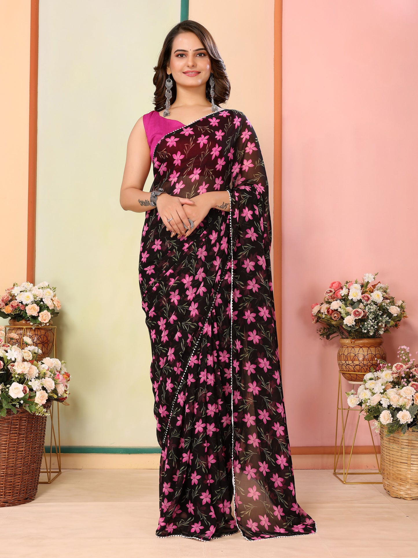 Black Georgette Ready To Wear Saree with Pink Blouse | Designer Printed Art Silk Couture
