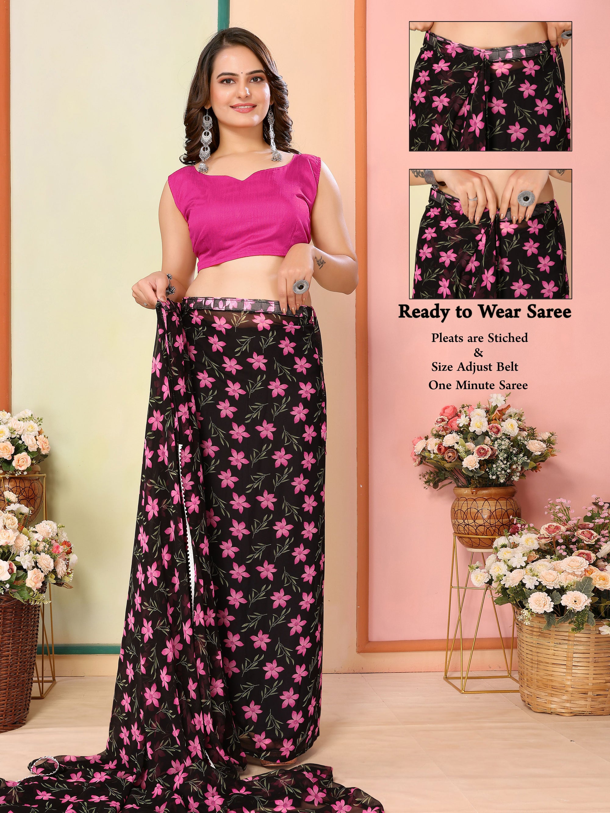 Black Georgette Ready To Wear Saree with Pink Blouse | Designer Printed Art Silk Couture