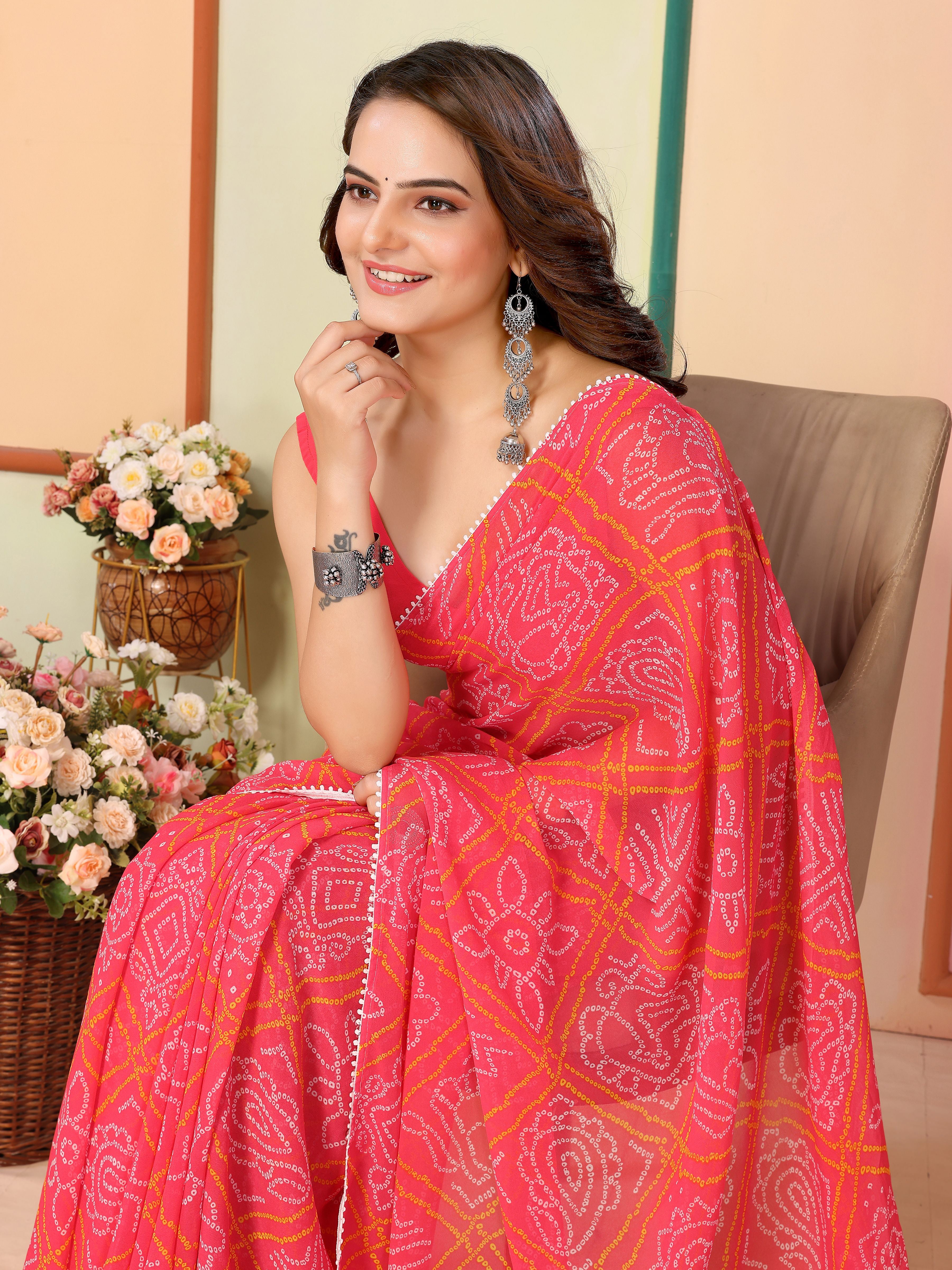 Red Georgette Ready To Wear Saree | Designer Printed Art Silk Couture