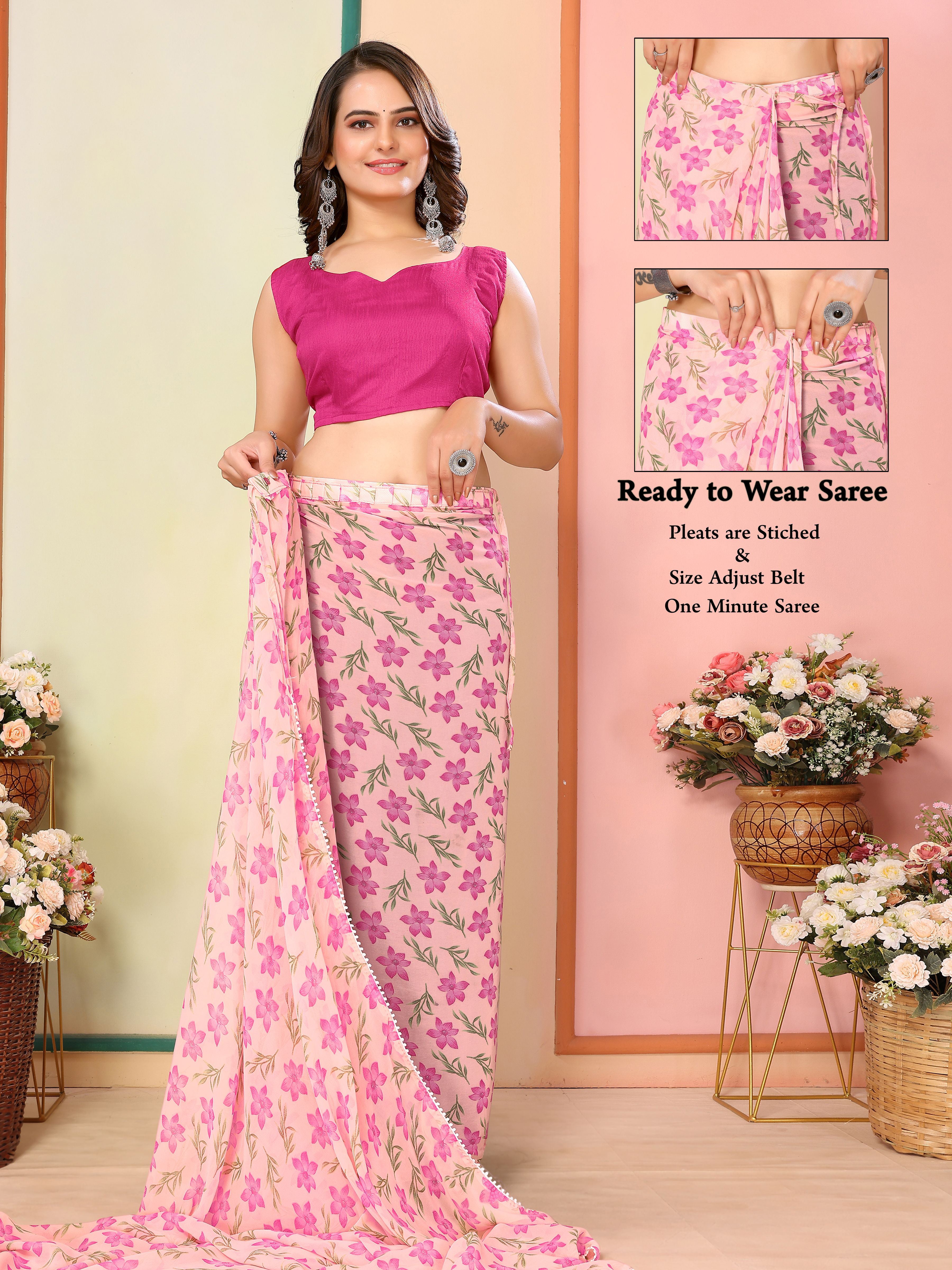 Pink Georgette Ready To Wear Saree | Designer Printed Art Silk Couture