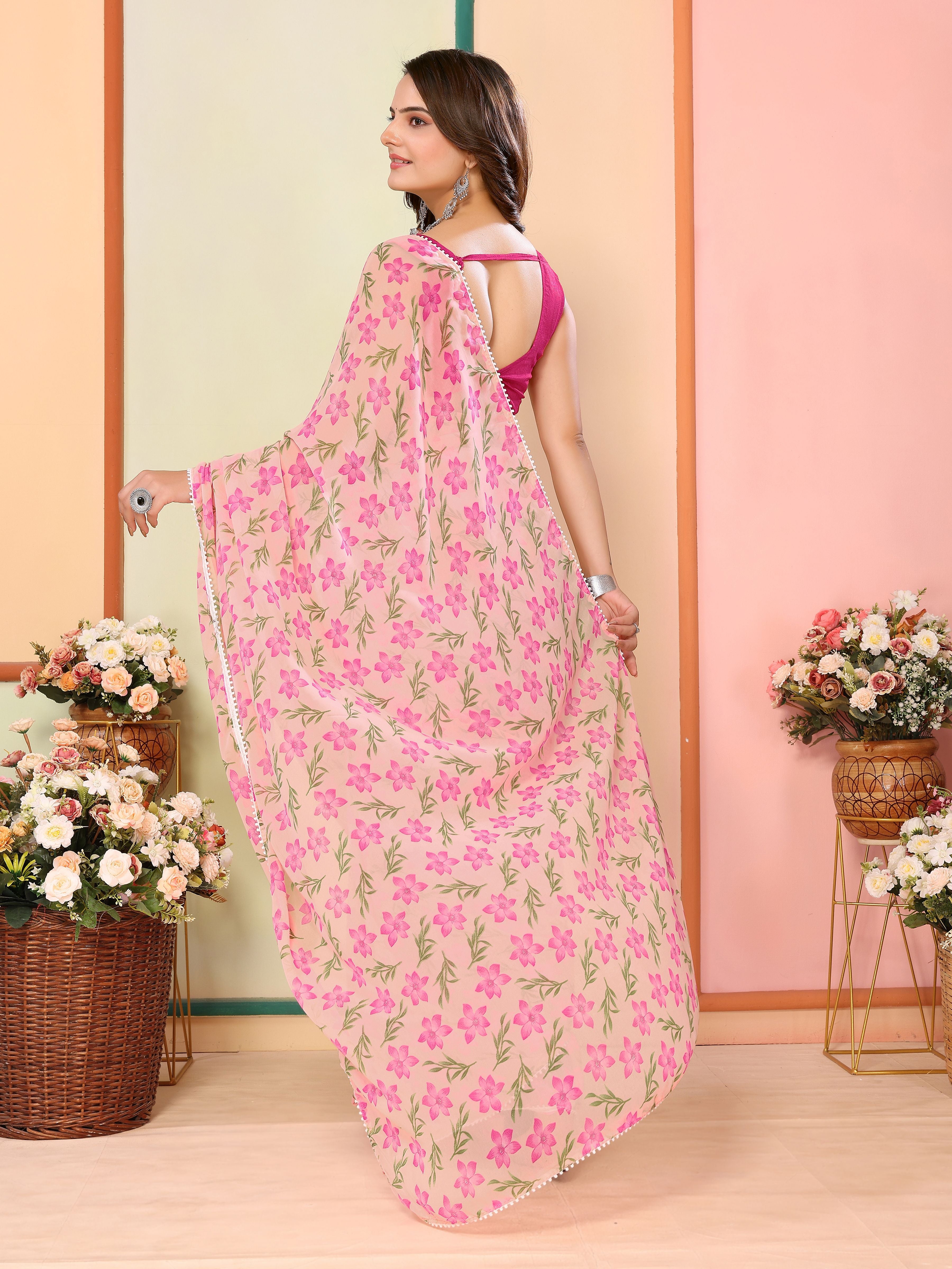 Pink Georgette Ready To Wear Saree | Designer Printed Art Silk Couture