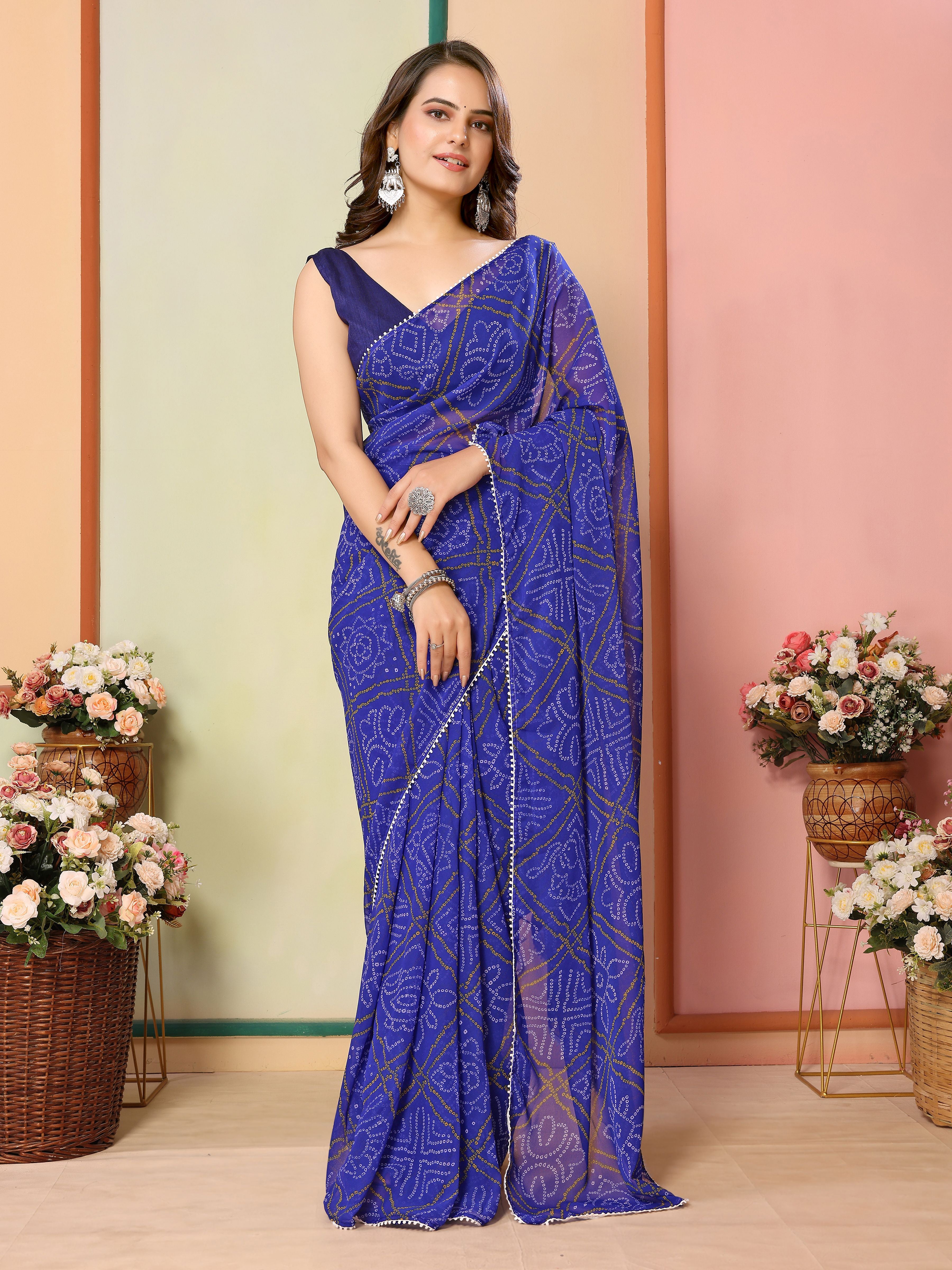 Blue Georgette Ready To Wear Saree | Designer Printed Art Silk Couture