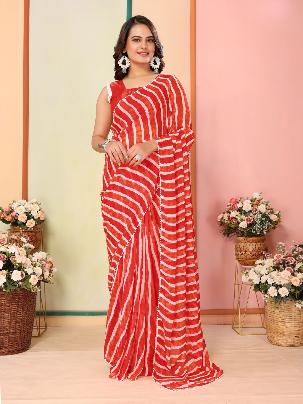 Red Georgette Ready To Wear Saree | Designer Printed Art Silk Couture