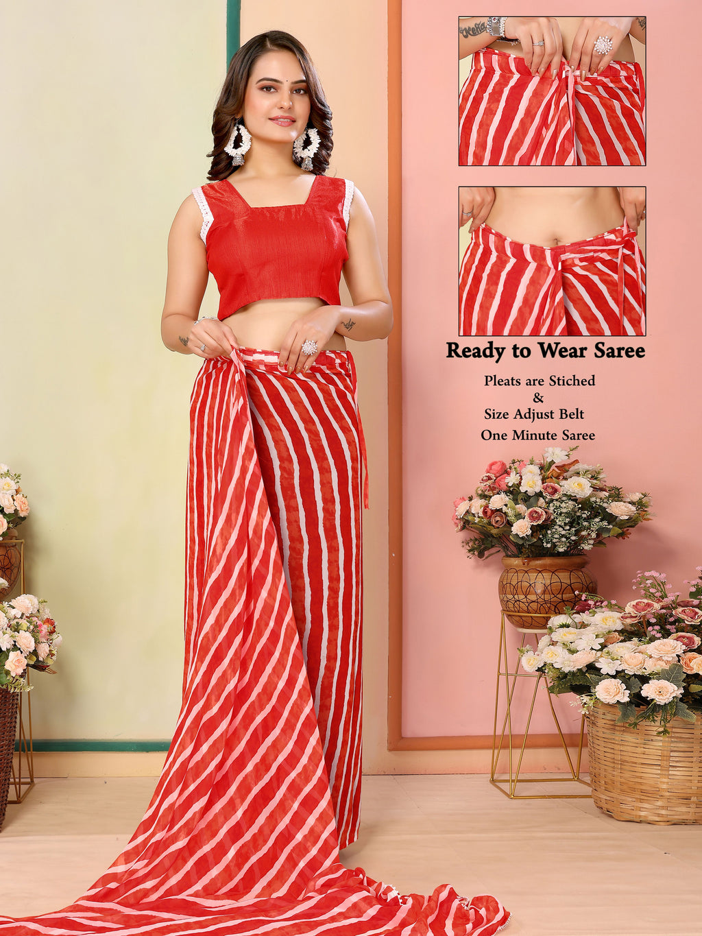 Red Georgette Ready To Wear Saree | Designer Printed Art Silk Couture