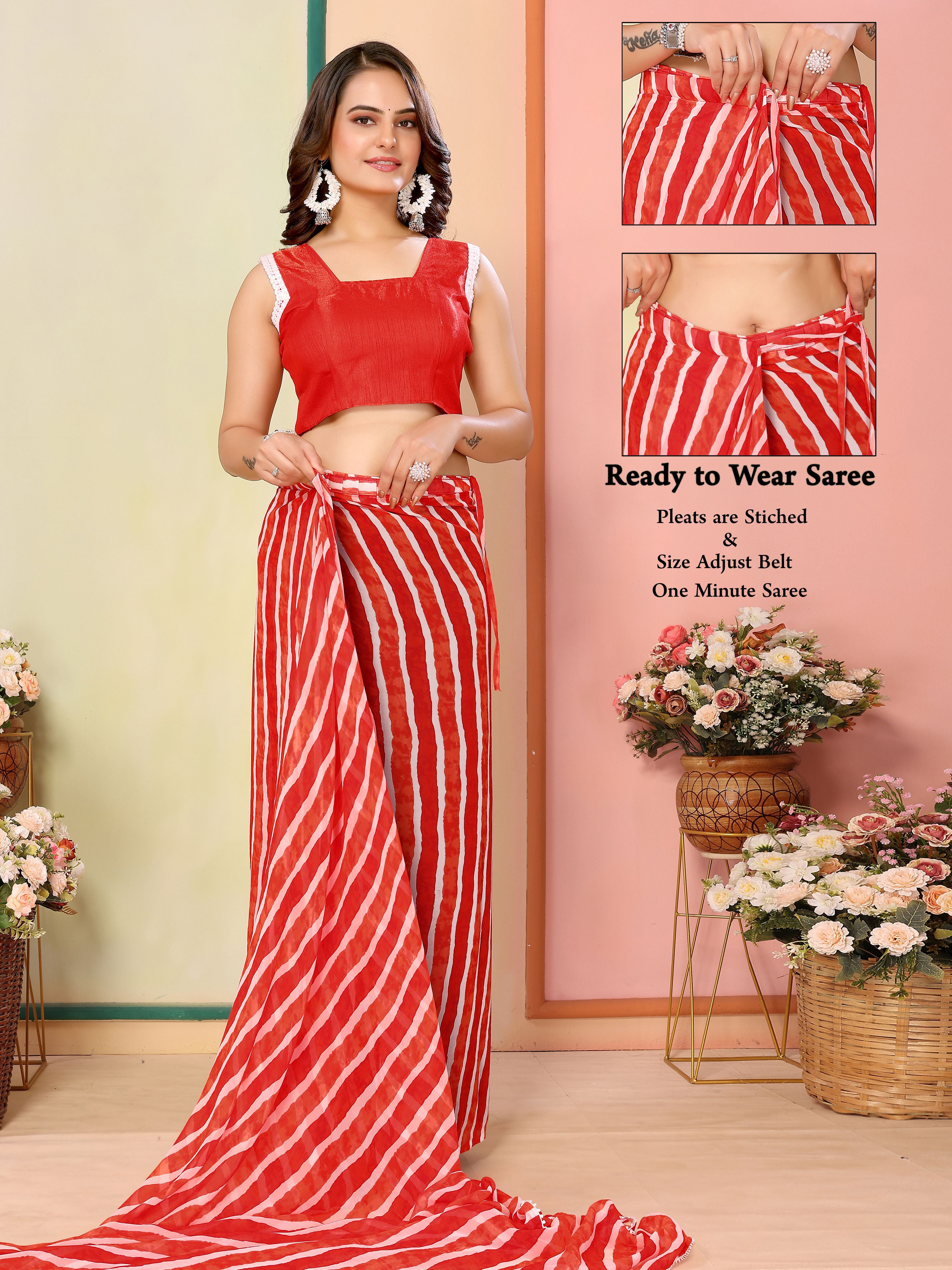 Red Georgette Ready To Wear Saree | Designer Printed Art Silk Couture