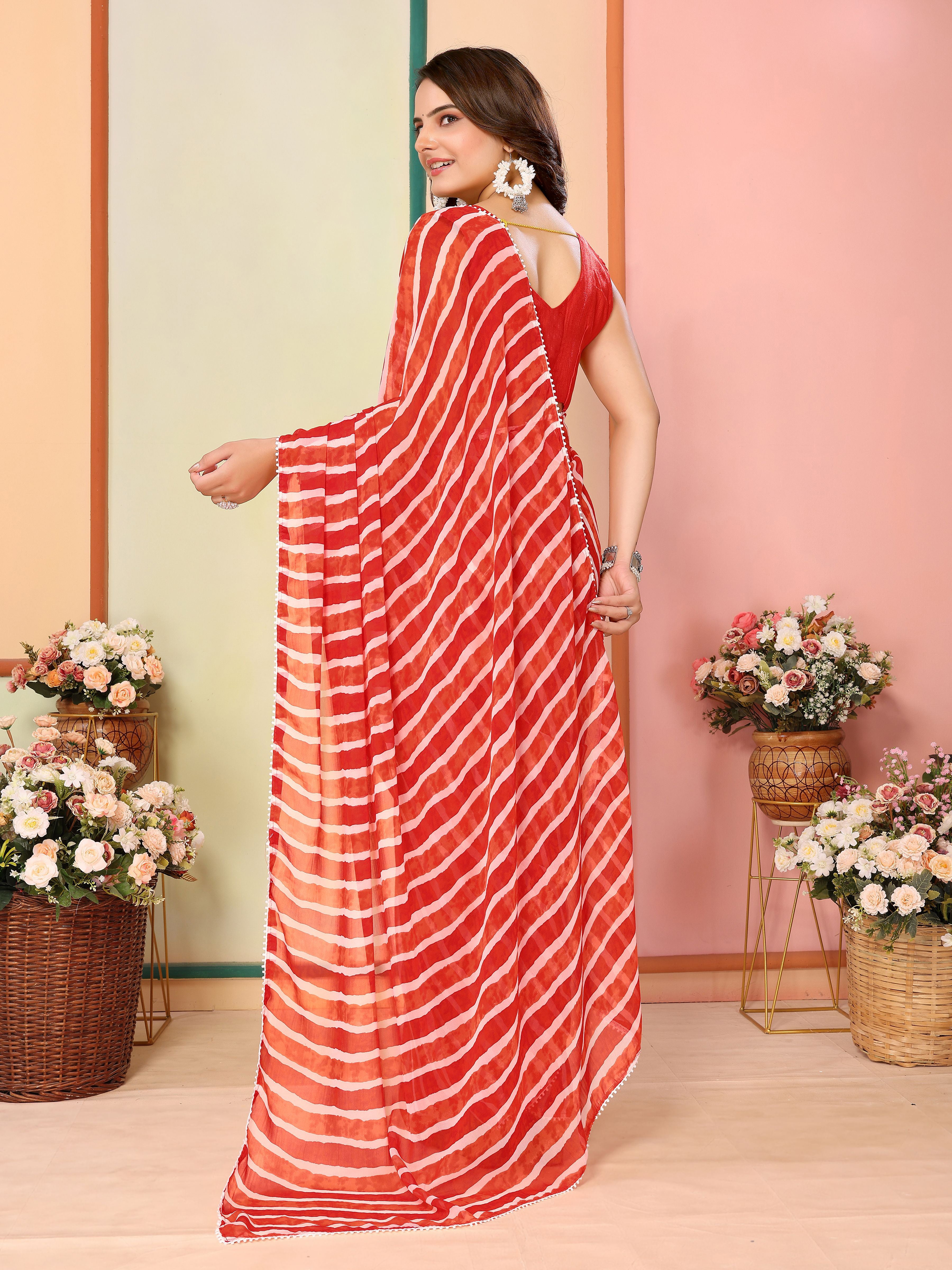 Red Georgette Ready To Wear Saree | Designer Printed Art Silk Couture