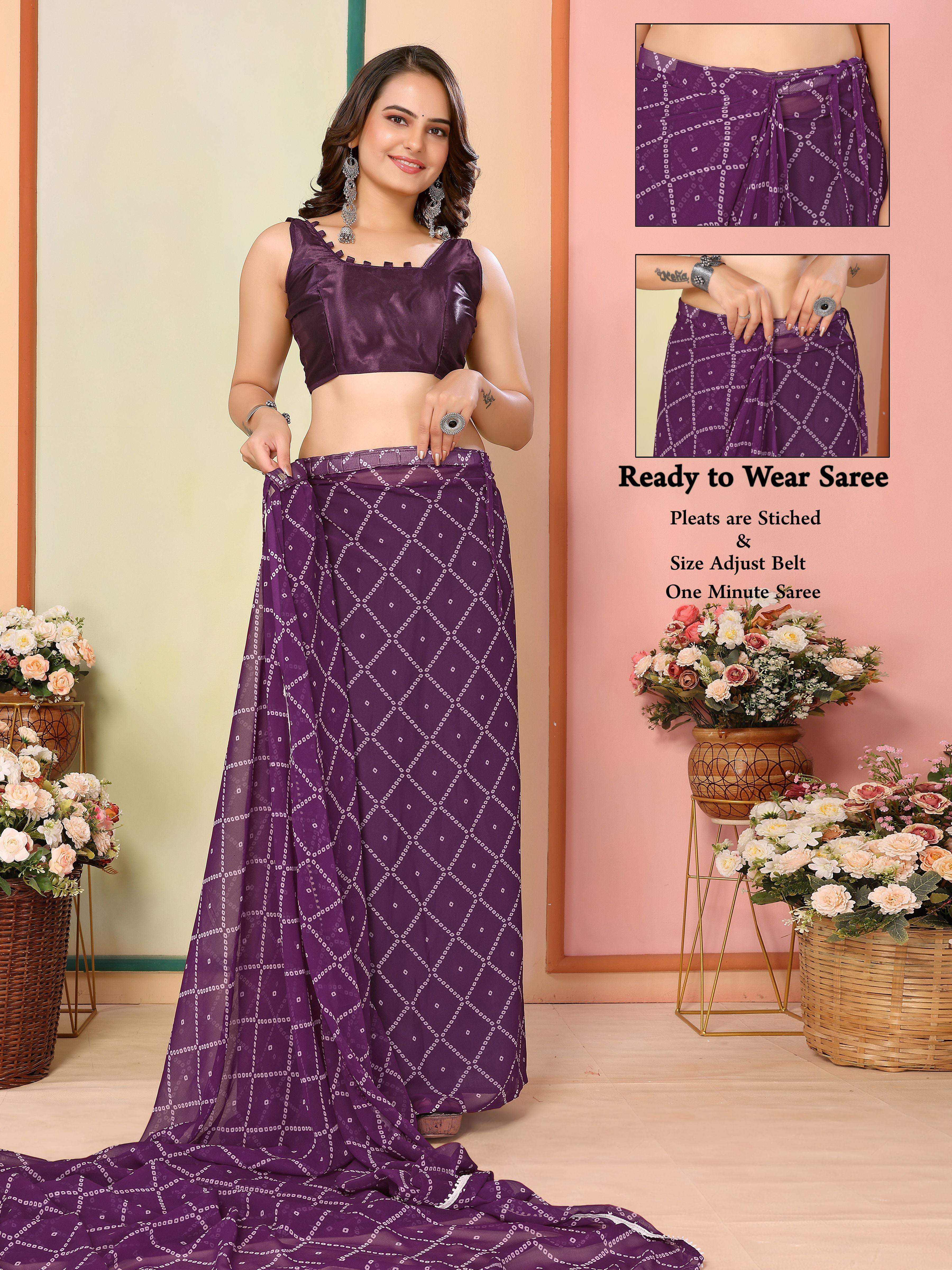 Purple Georgette Ready To Wear Saree | Designer Printed Art Silk Couture