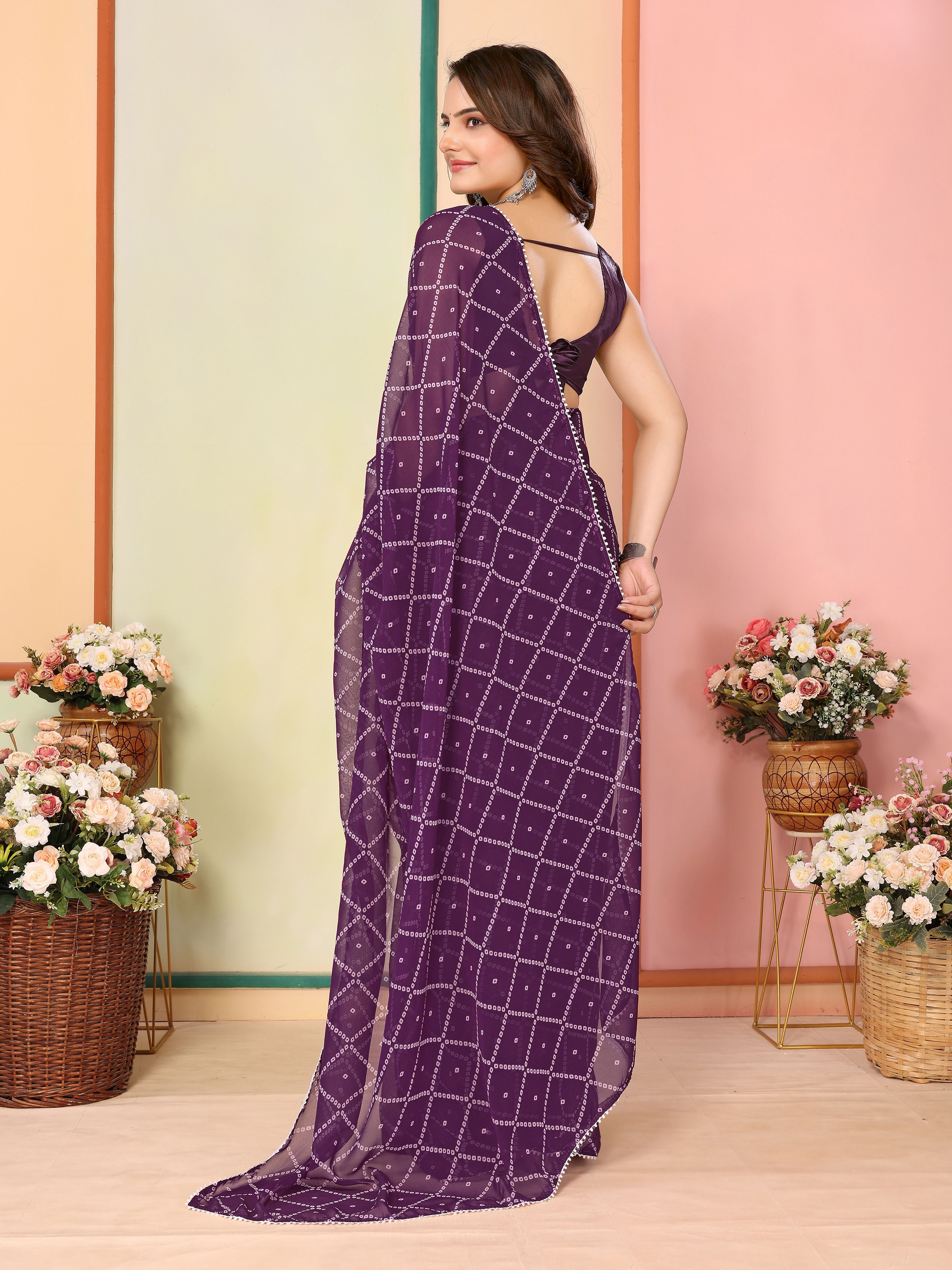 Purple Georgette Ready To Wear Saree | Designer Printed Art Silk Couture