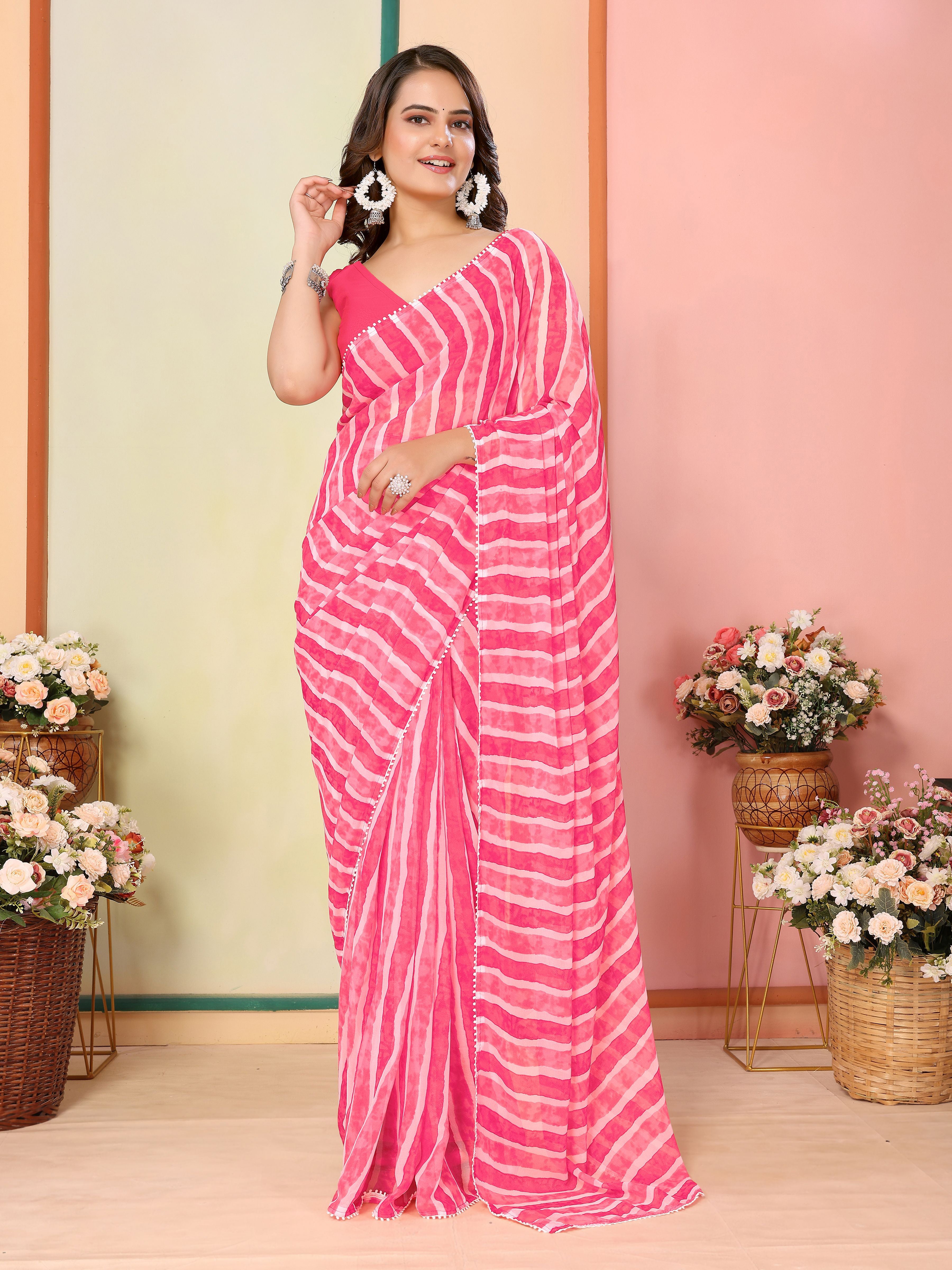 Pink Georgette Ready To Wear Saree | Designer Printed Art Silk Couture