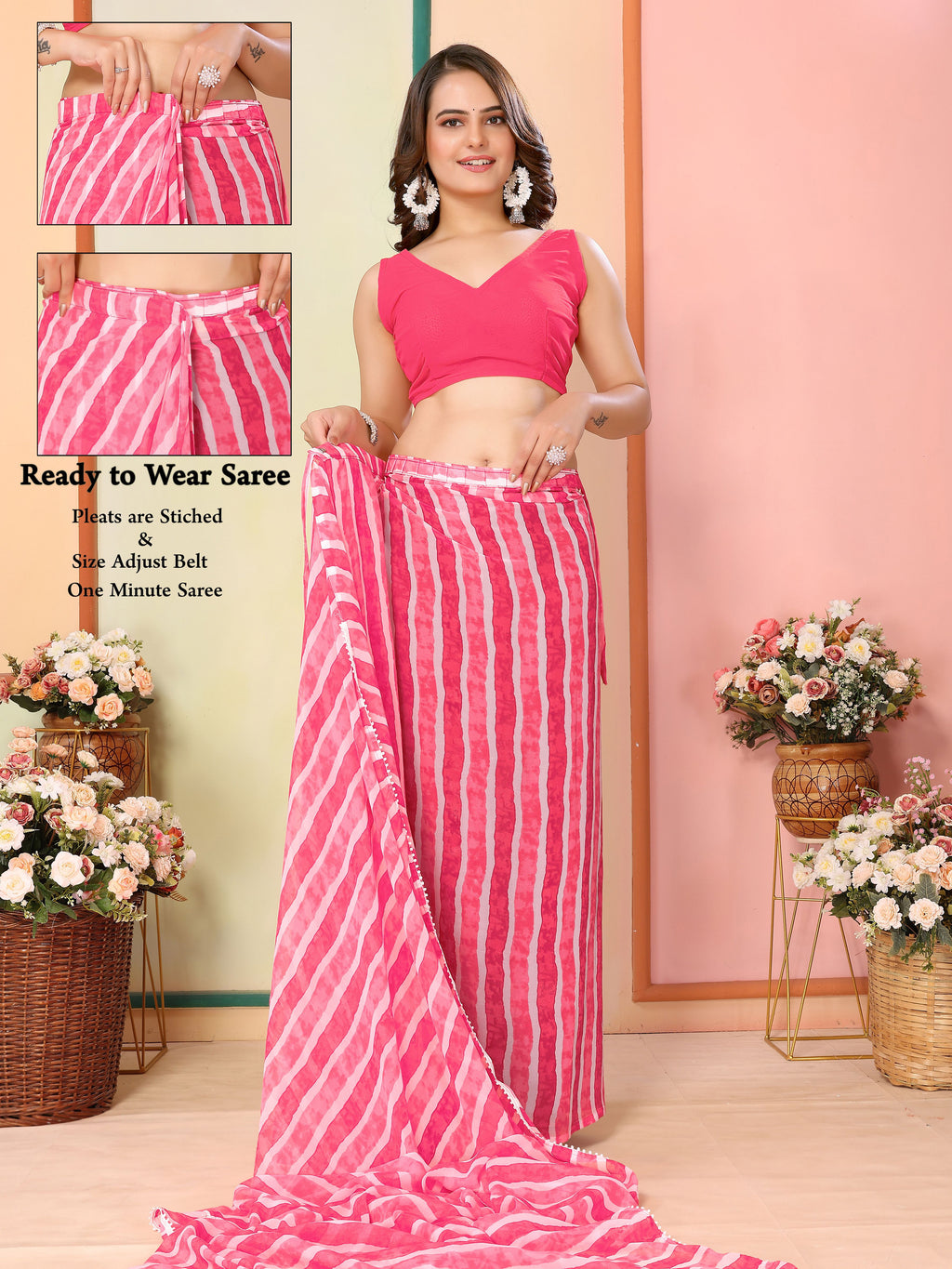 Pink Georgette Ready To Wear Saree | Designer Printed Art Silk Couture