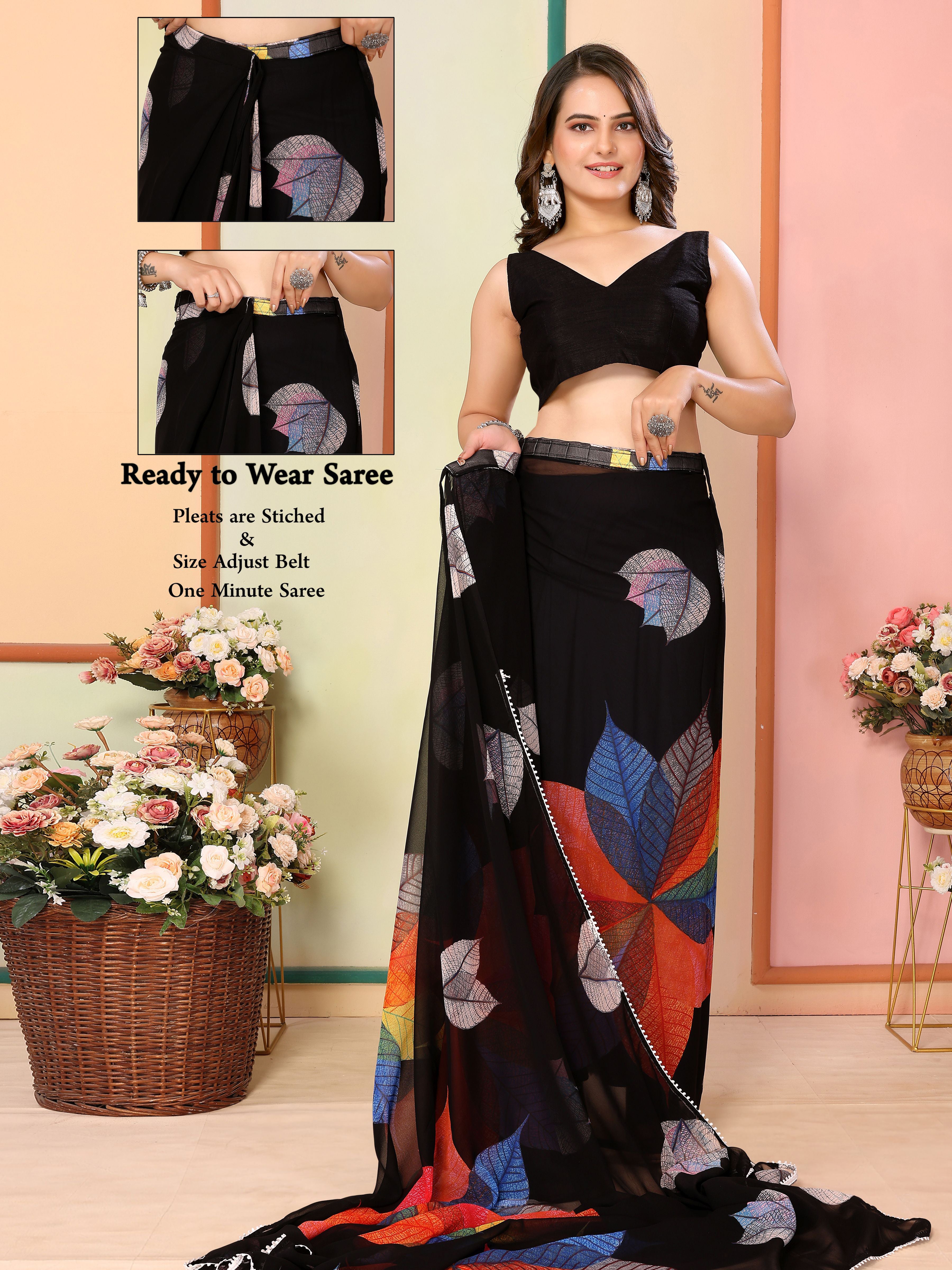 Black Georgette Ready To Wear Saree | Designer Printed Art Silk Couture