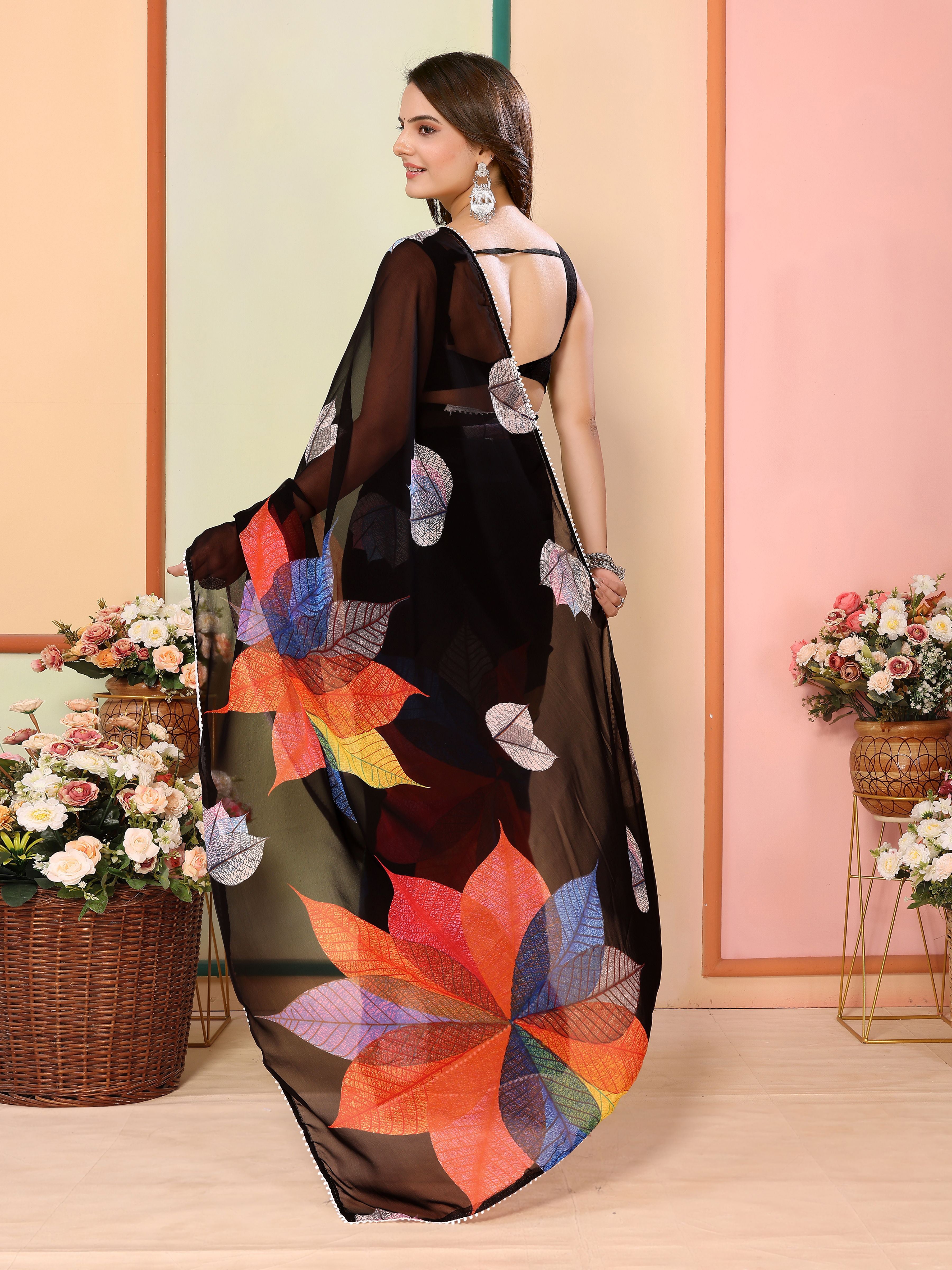 Black Georgette Ready To Wear Saree | Designer Printed Art Silk Couture