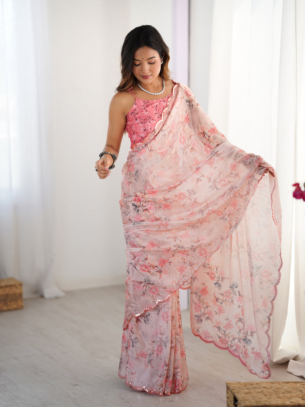 Pink Chinon Silk Party Wear Saree | Designer Digital Printed & Mirror Cut Work Elegance