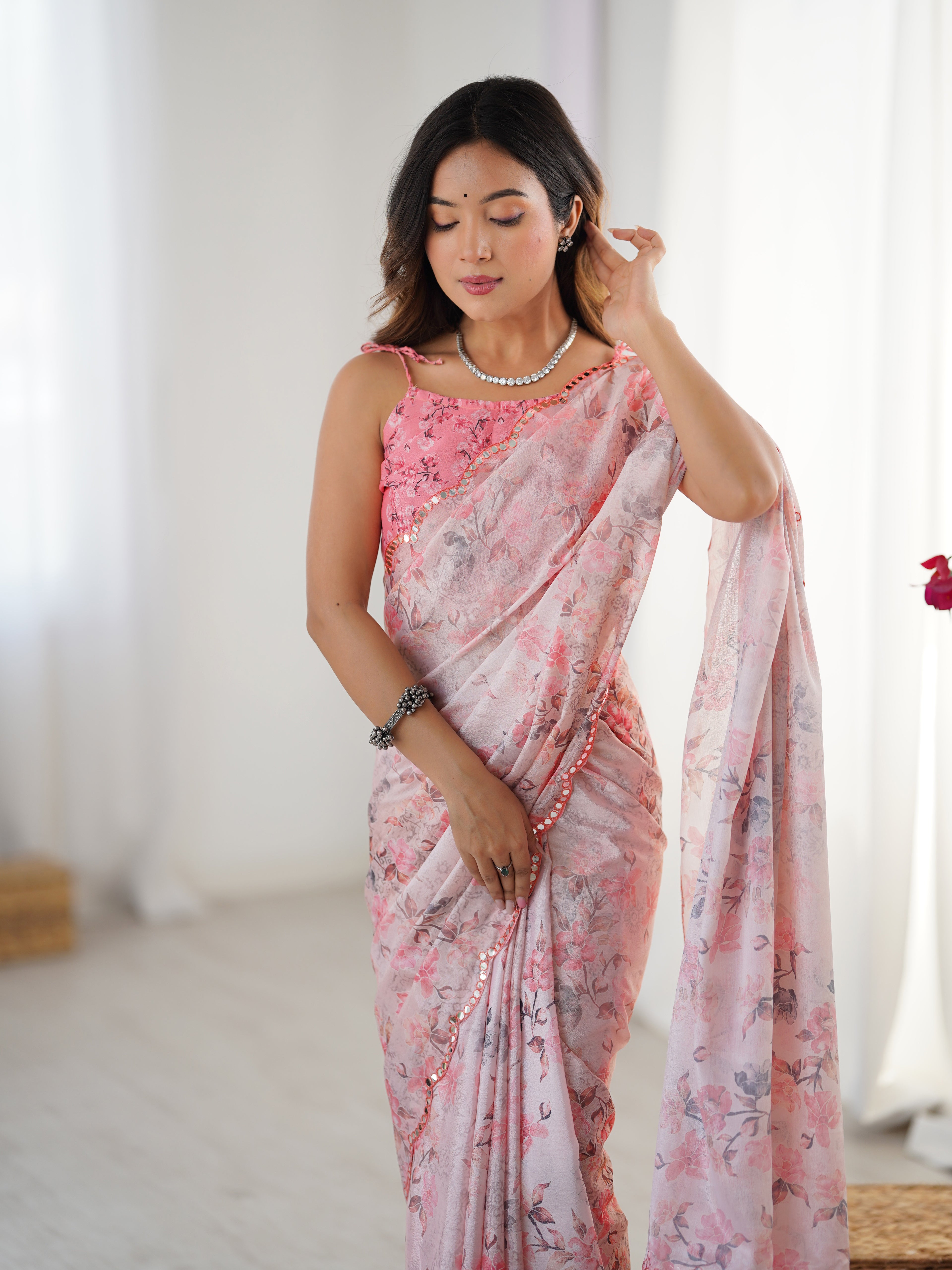 Pink Chinon Silk Party Wear Saree | Designer Digital Printed & Mirror Cut Work Elegance