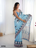 Blue Chinon Silk Party Wear Saree | Designer Digital Printed & Mirror Cut Work Splendor