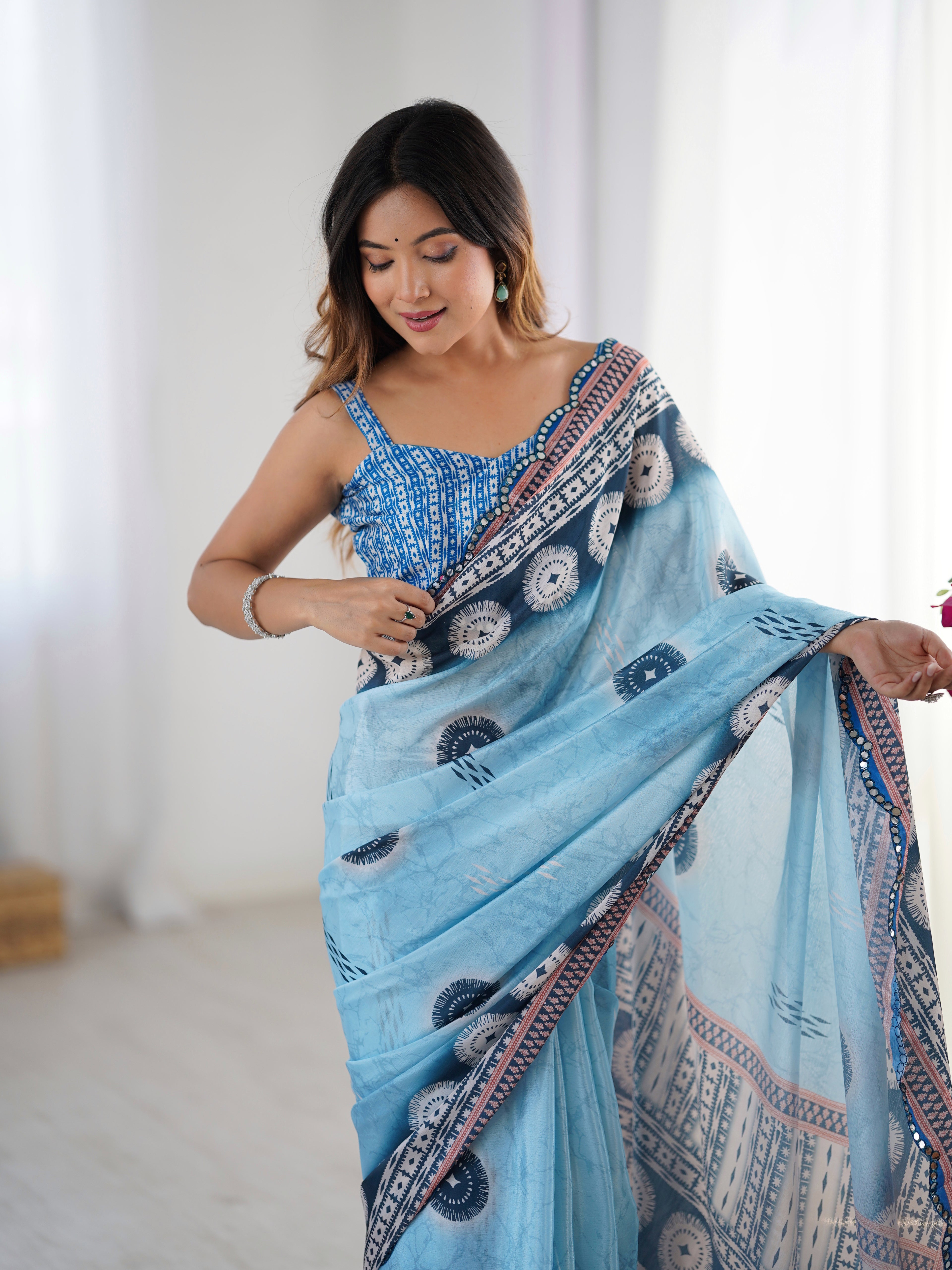 Blue Chinon Silk Party Wear Saree | Designer Digital Printed & Mirror Cut Work Splendor