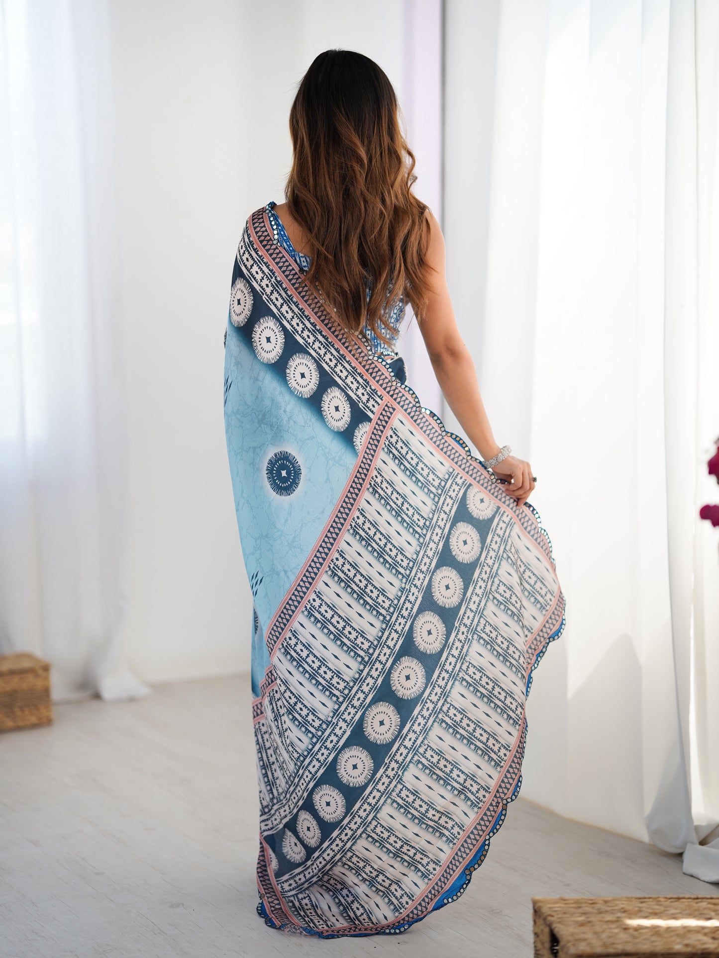 Blue Chinon Silk Party Wear Saree | Designer Digital Printed & Mirror Cut Work Splendor