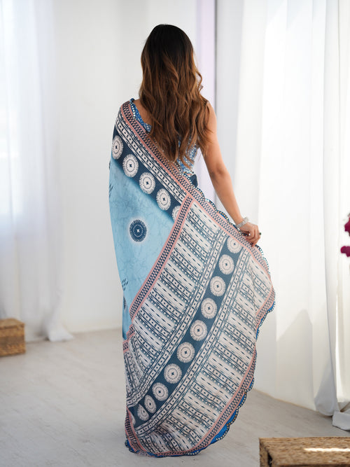 Blue Chinon Silk Party Wear Saree | Designer Digital Printed & Mirror Cut Work Splendor