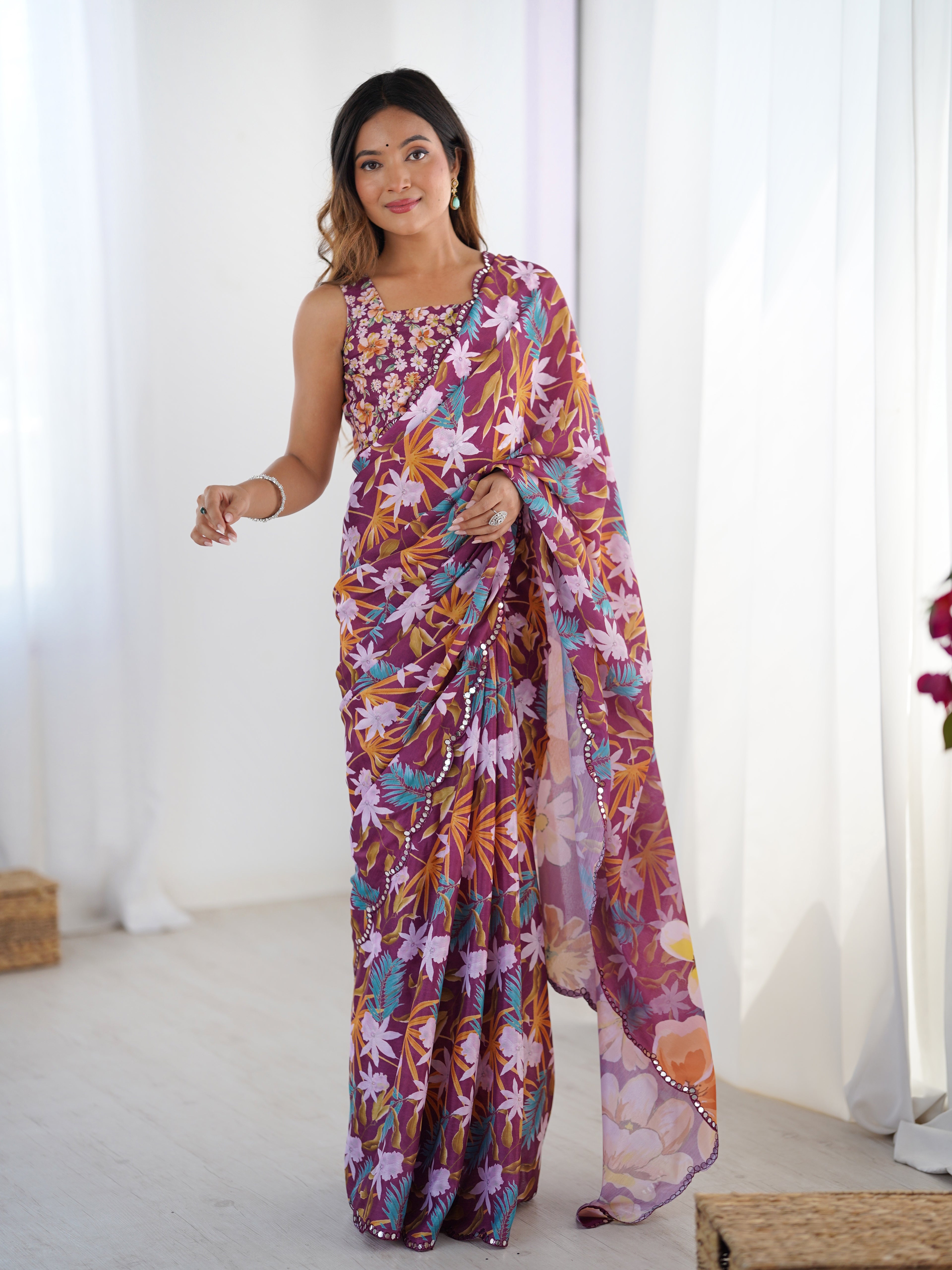 Wine Chinon Silk Party Wear Saree | Designer Digital Printed & Mirror Cut Work Regality