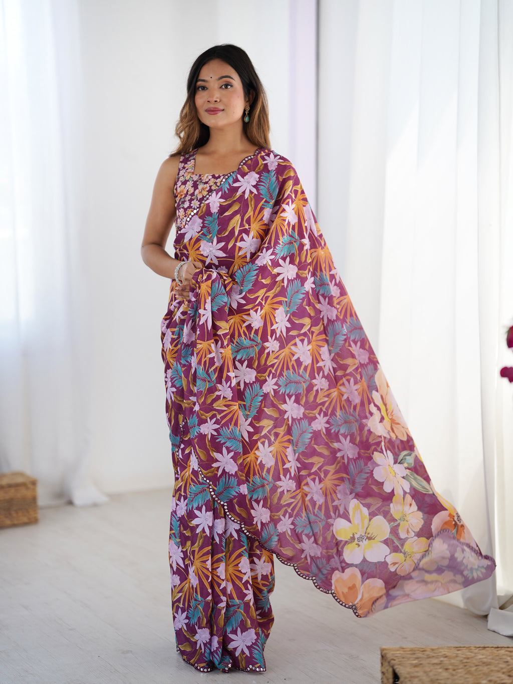 Wine Chinon Silk Party Wear Saree | Designer Digital Printed & Mirror Cut Work Regality