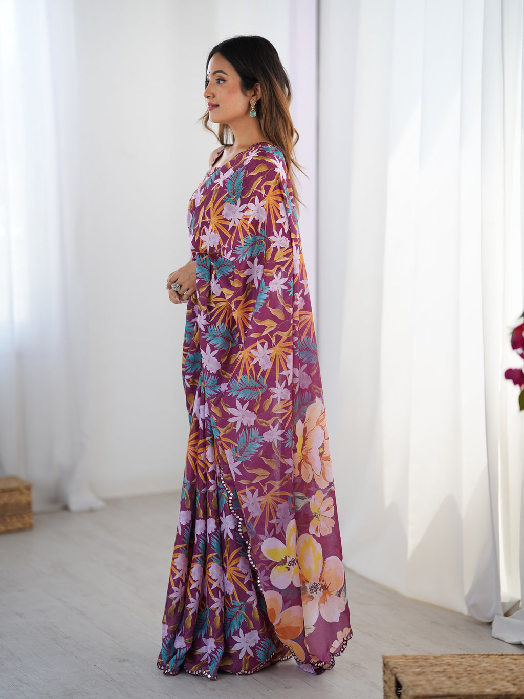 Wine Chinon Silk Party Wear Saree | Designer Digital Printed & Mirror Cut Work Regality