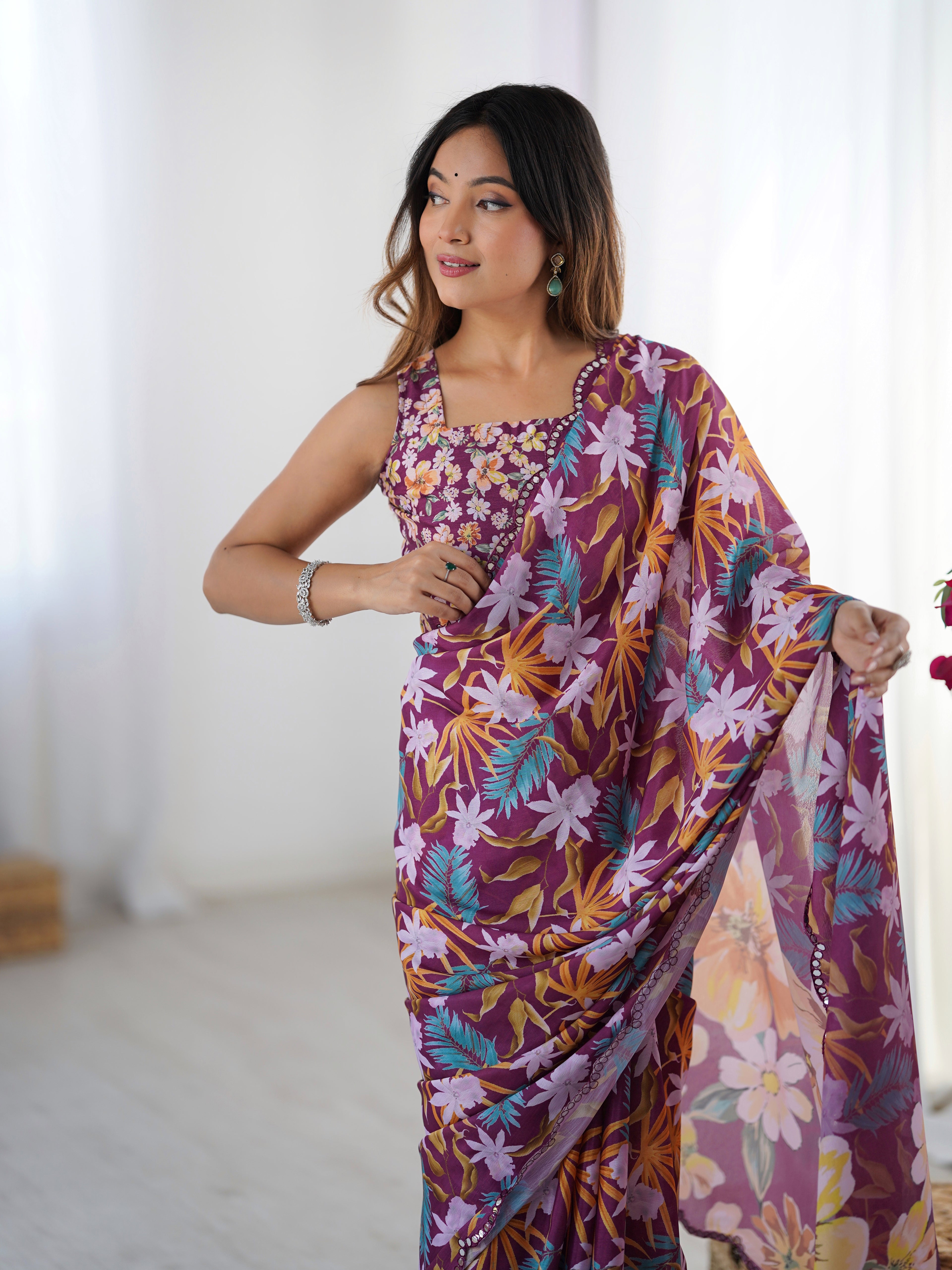 Wine Chinon Silk Party Wear Saree | Designer Digital Printed & Mirror Cut Work Regality