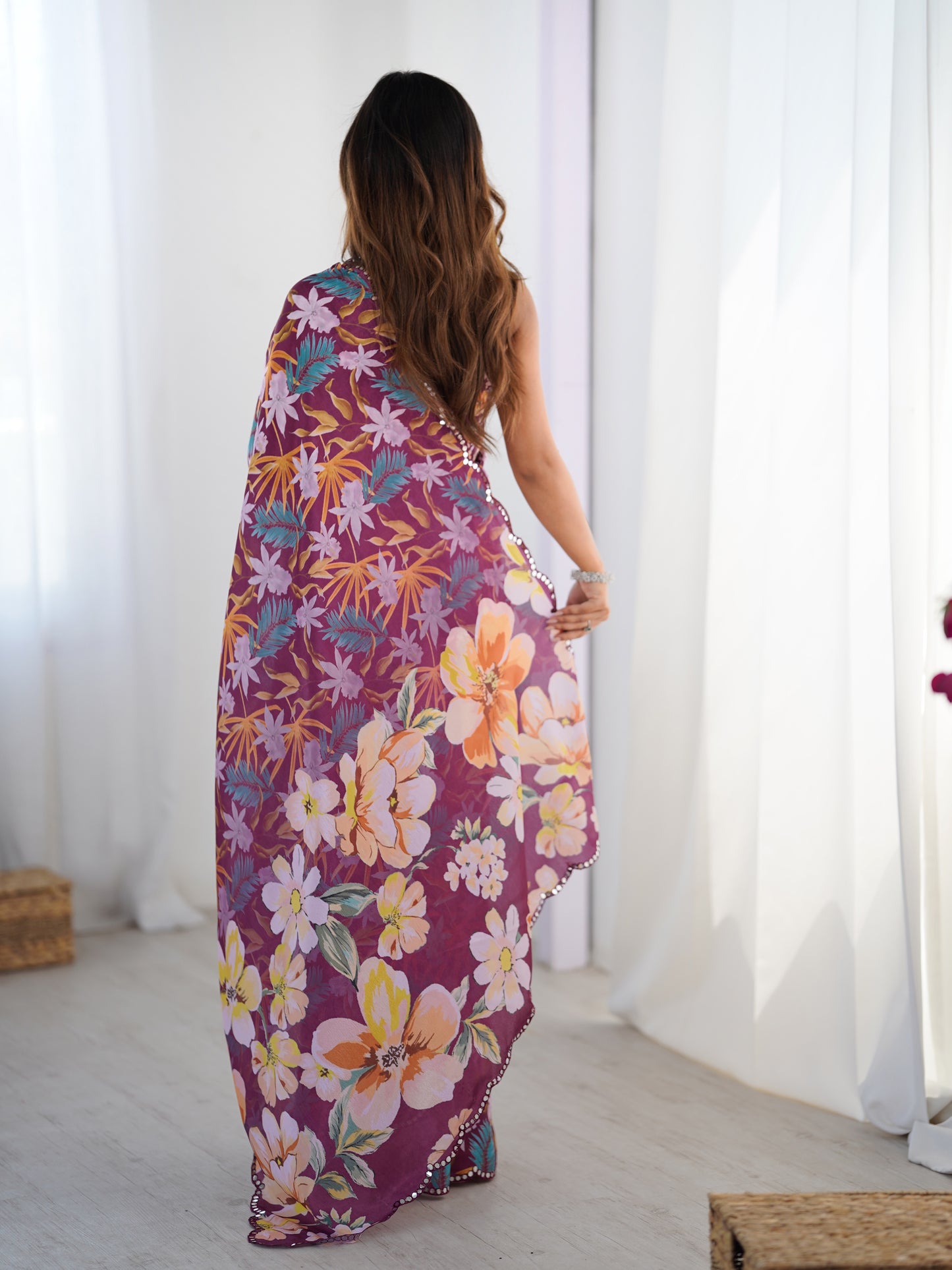 Wine Chinon Silk Party Wear Saree | Designer Digital Printed & Mirror Cut Work Regality