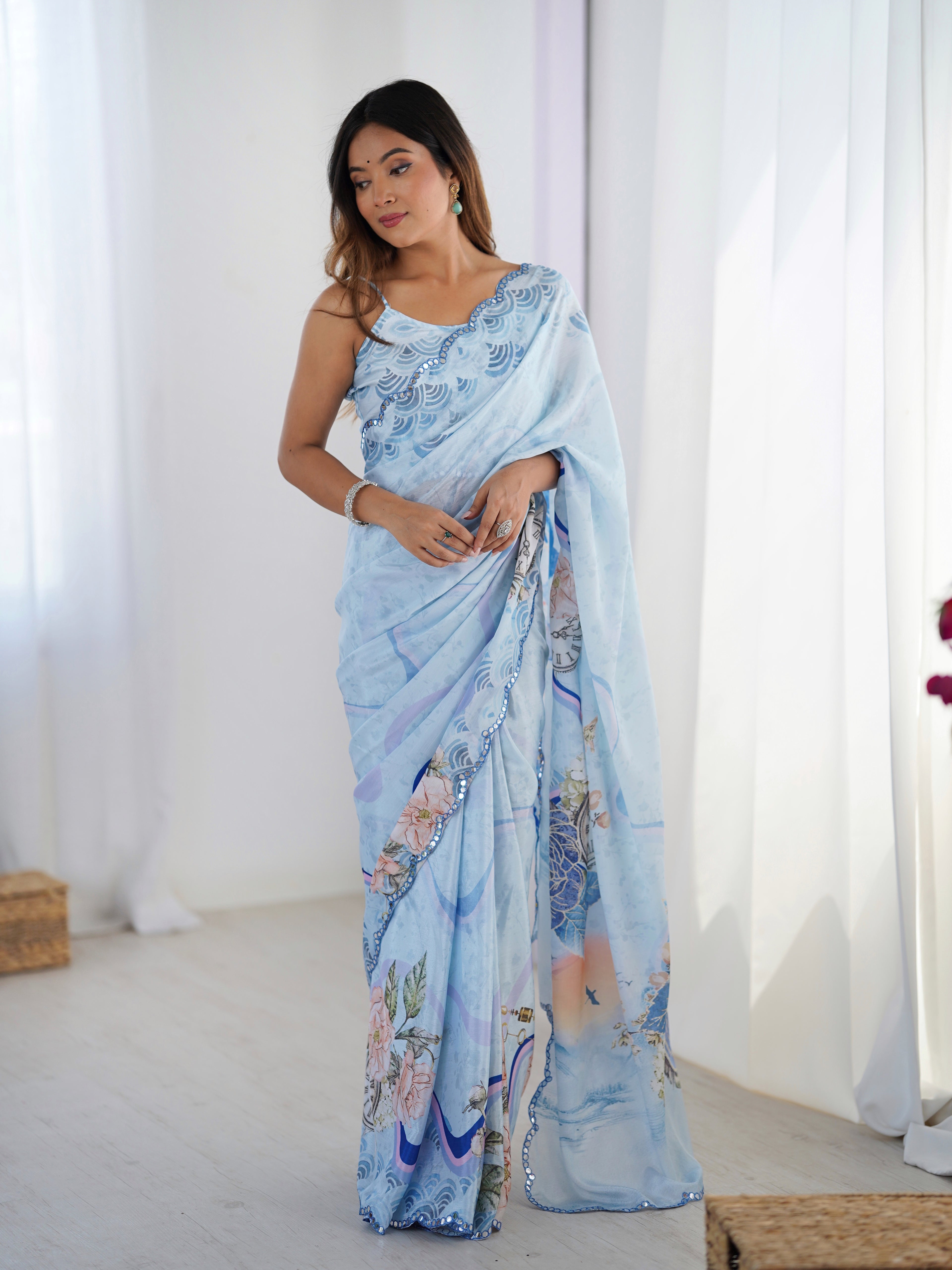 Sky Blue Chinon Silk Party Wear Saree | Designer Digital Printed & Mirror Cut Work Serenity
