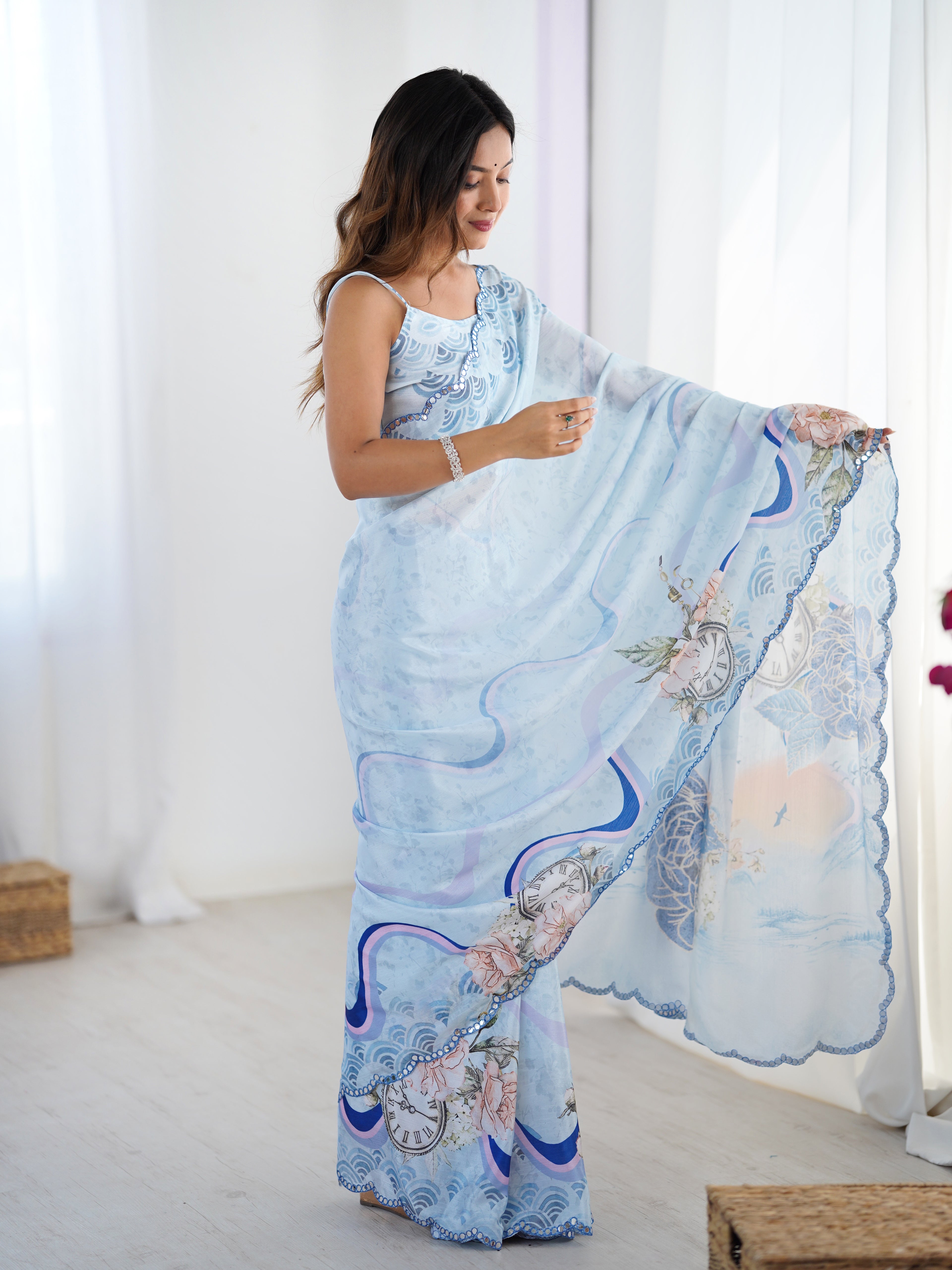 Sky Blue Chinon Silk Party Wear Saree | Designer Digital Printed & Mirror Cut Work Serenity