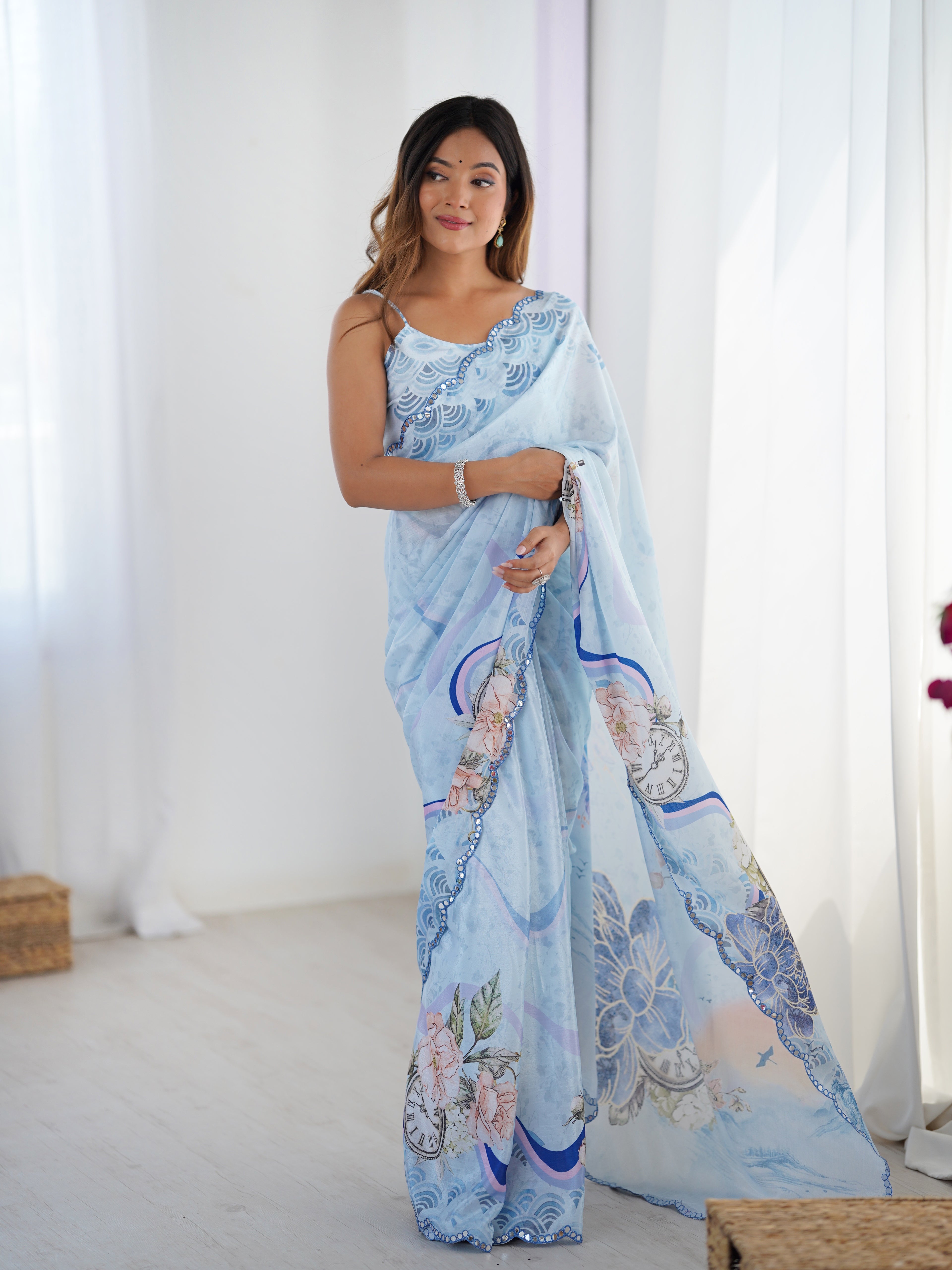 Sky Blue Chinon Silk Party Wear Saree | Designer Digital Printed & Mirror Cut Work Serenity
