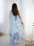 Sky Blue Chinon Silk Party Wear Saree | Designer Digital Printed & Mirror Cut Work Serenity