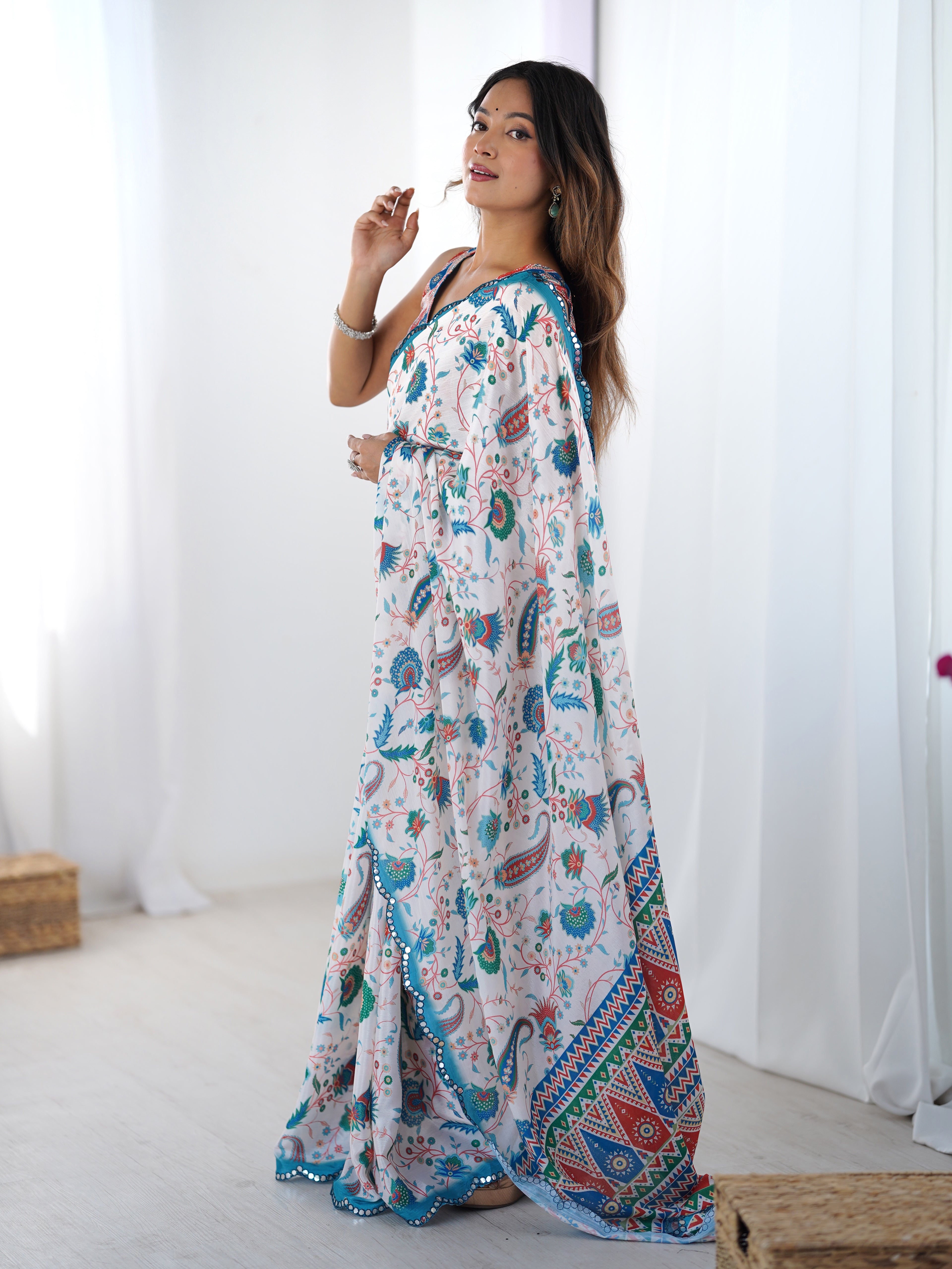 Off White Chinon Silk Party Wear Saree | Designer Digital Printed & Mirror Cut Work Elegance