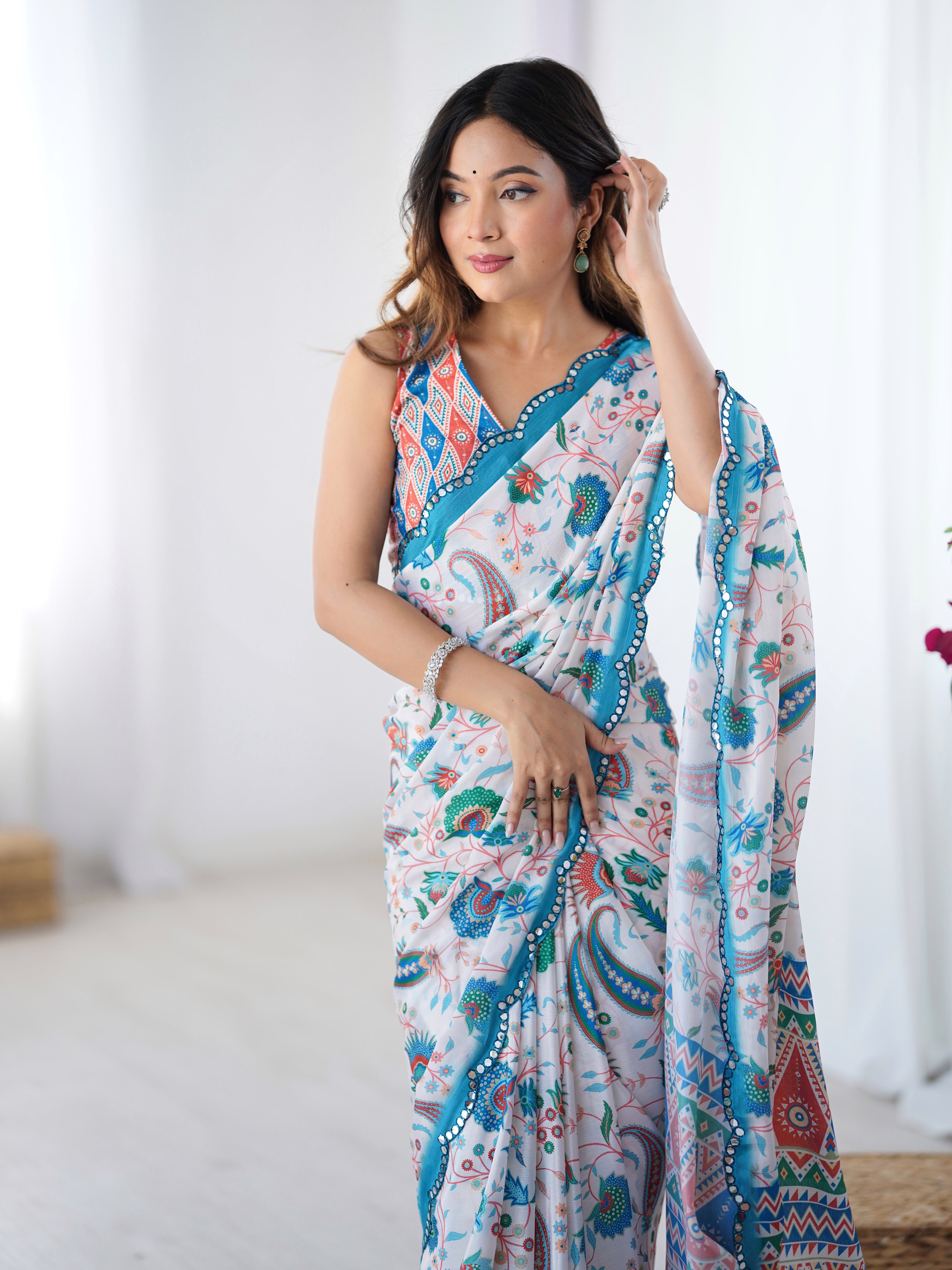 Off White Chinon Silk Party Wear Saree | Designer Digital Printed & Mirror Cut Work Elegance