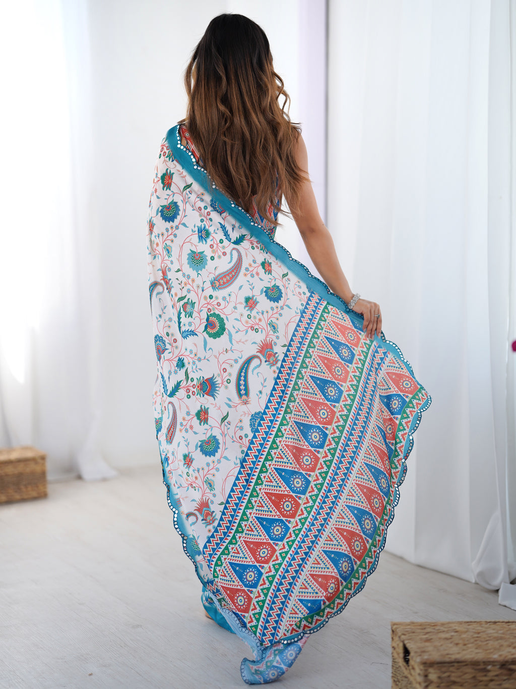 Off White Chinon Silk Party Wear Saree | Designer Digital Printed & Mirror Cut Work Elegance