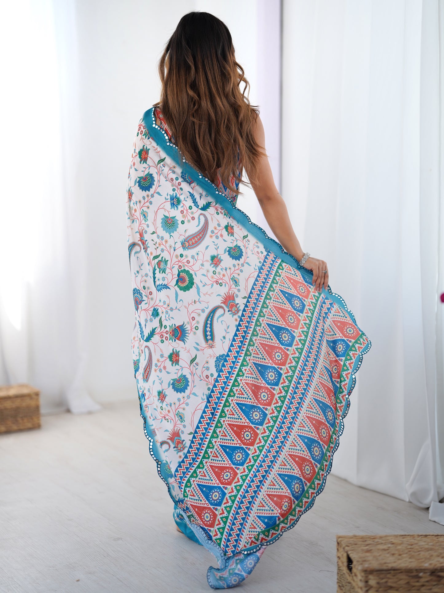 Off White Chinon Silk Party Wear Saree | Designer Digital Printed & Mirror Cut Work Elegance
