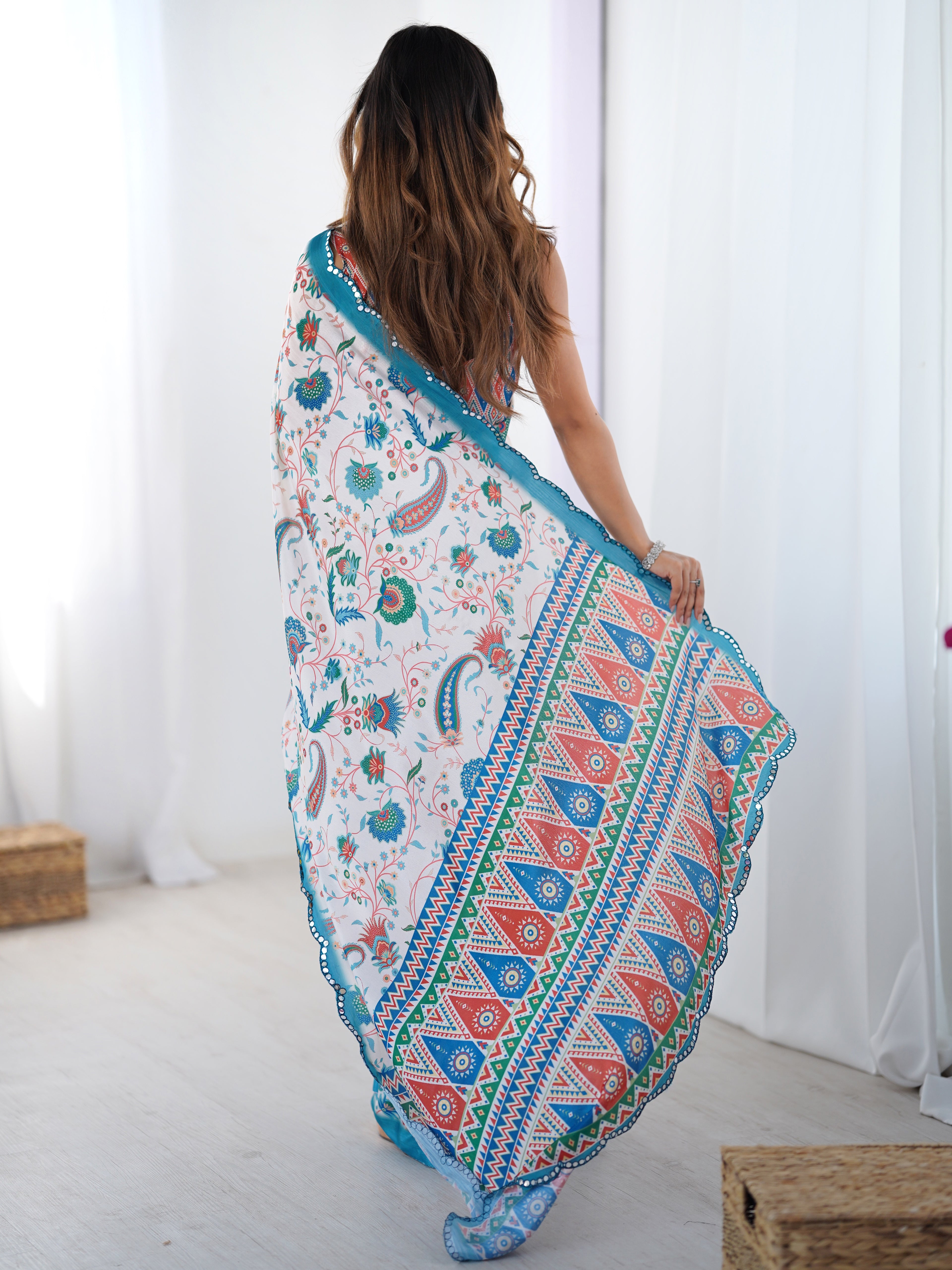 Off White Chinon Silk Party Wear Saree | Designer Digital Printed & Mirror Cut Work Elegance