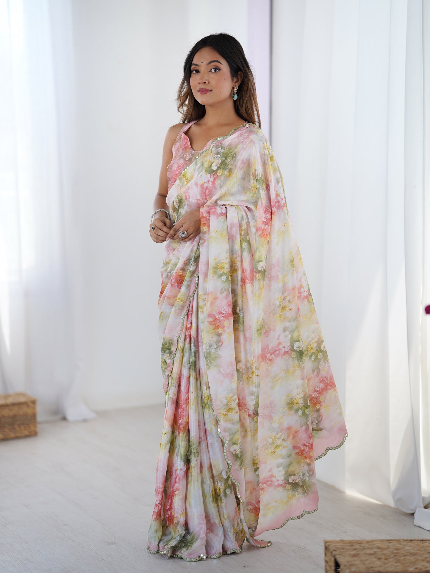 Vibrant Pink Chinon Silk Saree | Digital Printed with Mirror Cut Work
