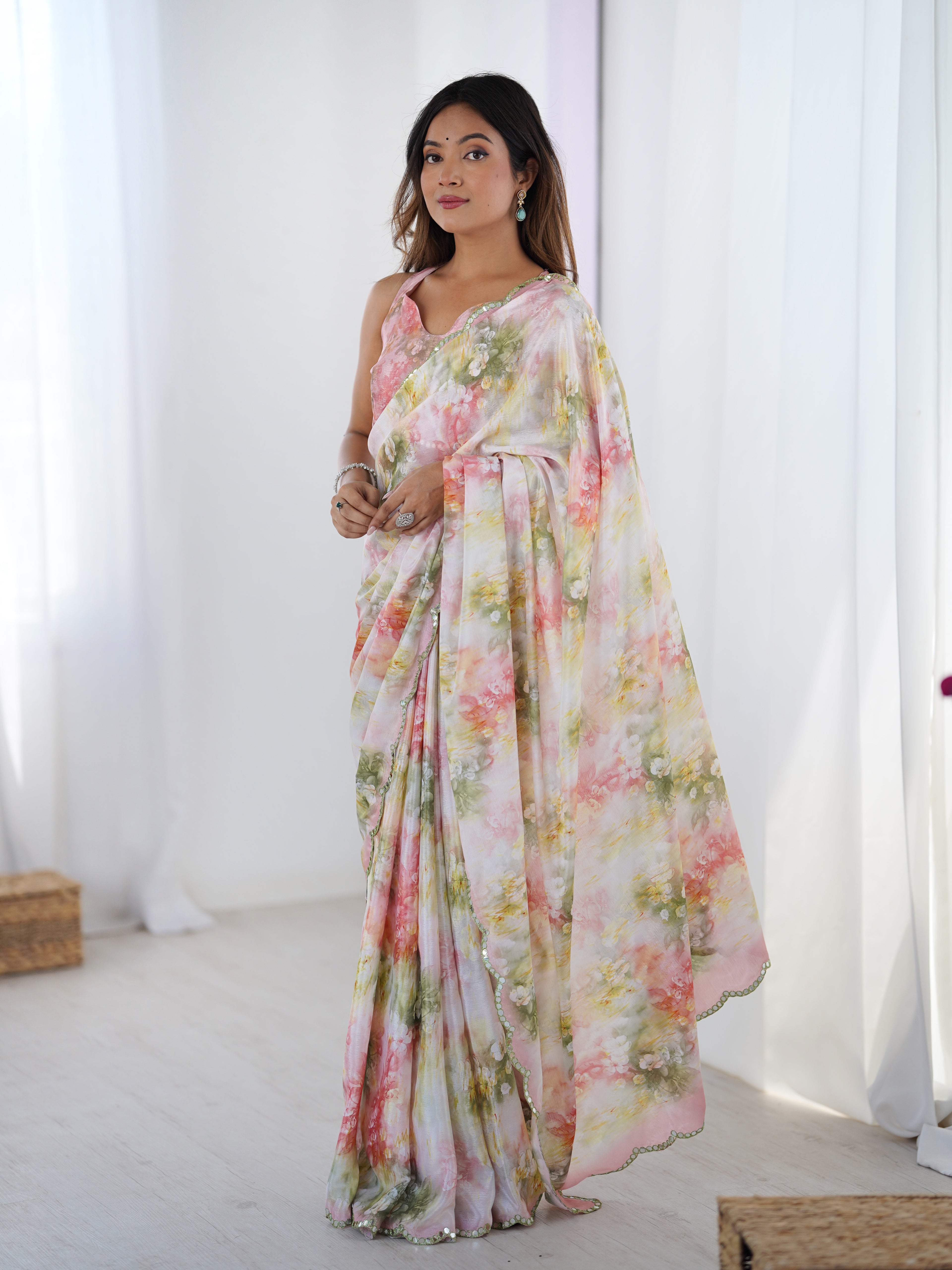 Vibrant Pink Chinon Silk Saree | Digital Printed with Mirror Cut Work