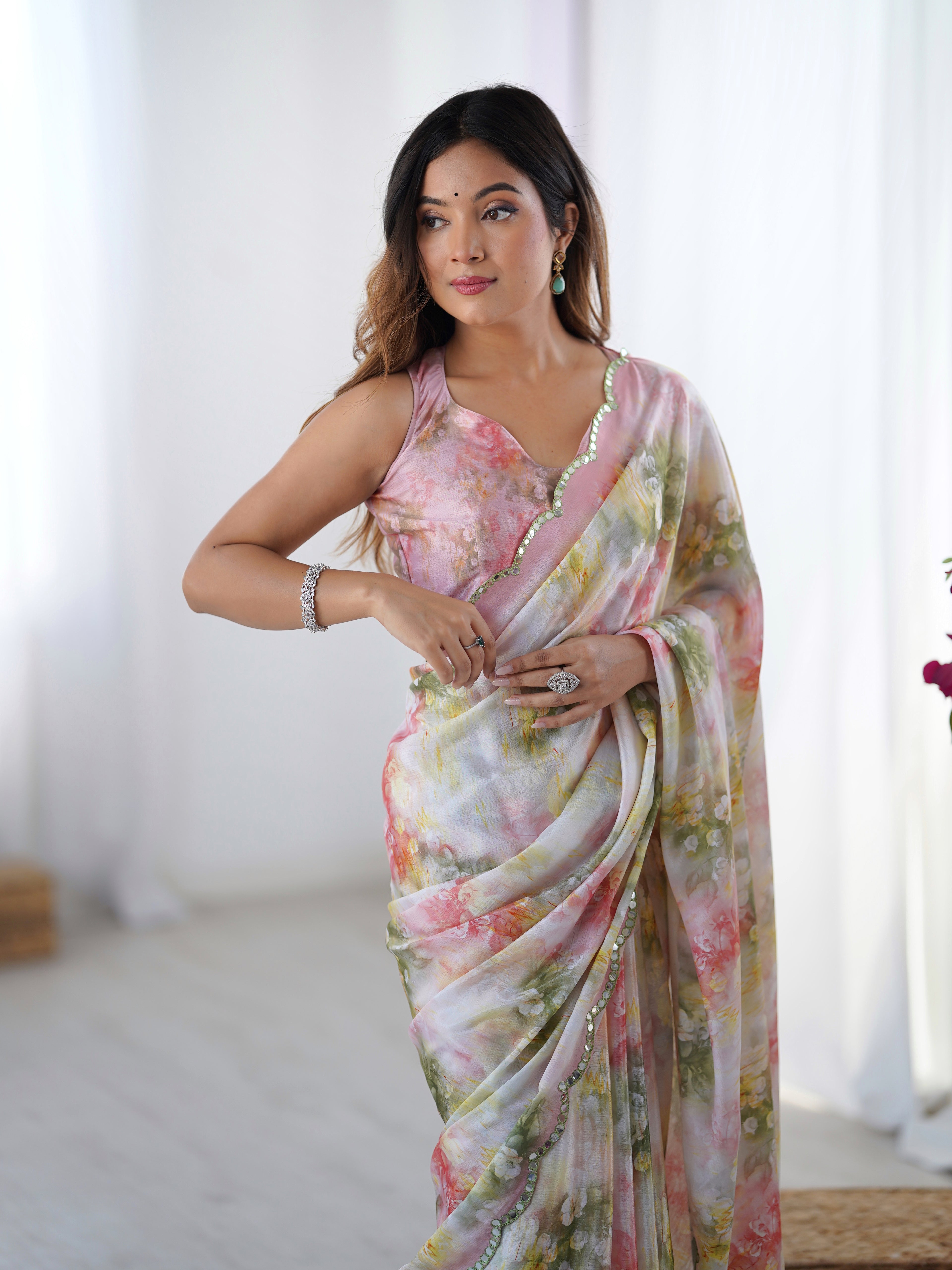 Vibrant Pink Chinon Silk Saree | Digital Printed with Mirror Cut Work