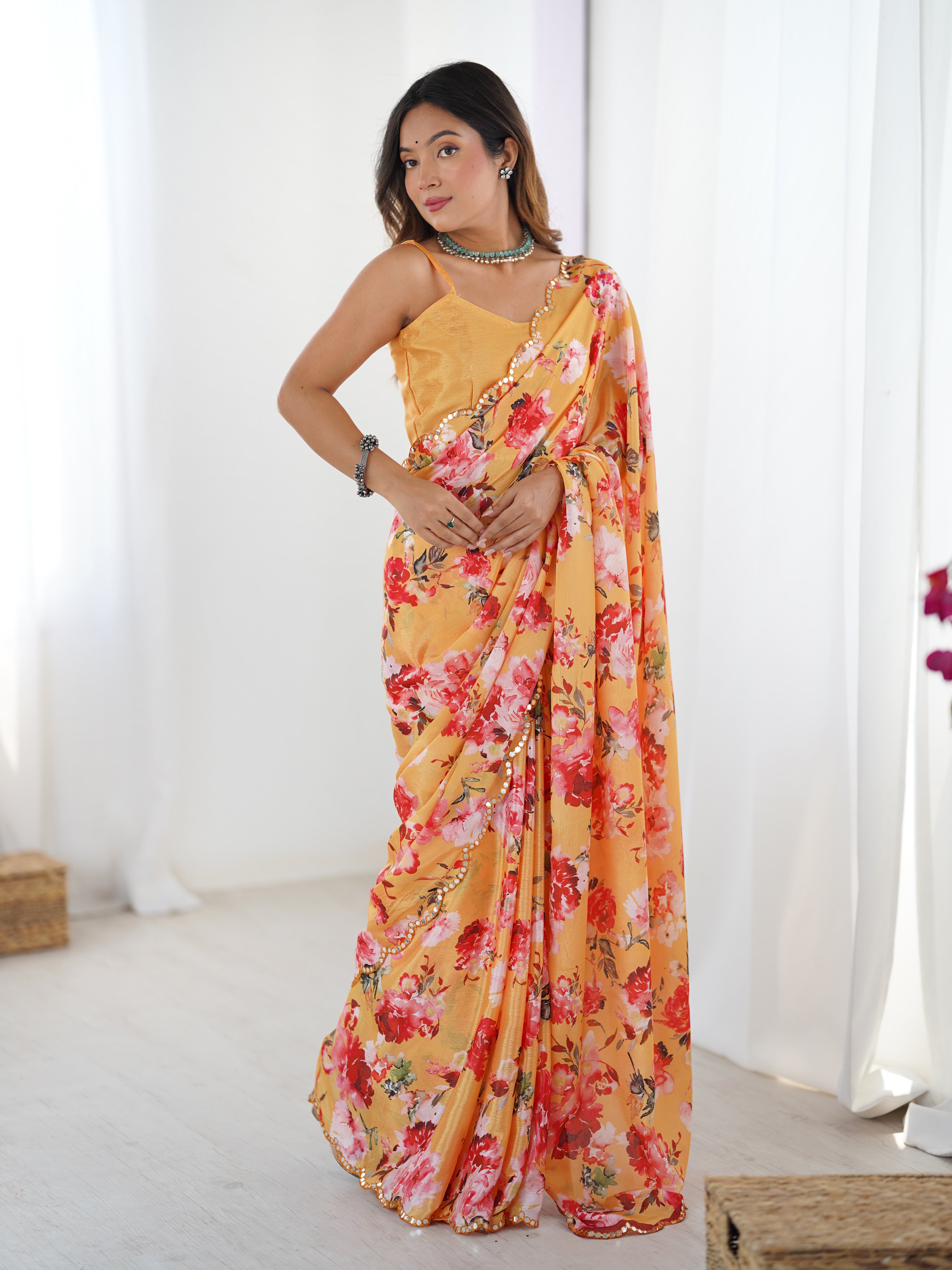 Sunset Orange Chinon Silk Saree | Digital Printed with Mirror Cut Work