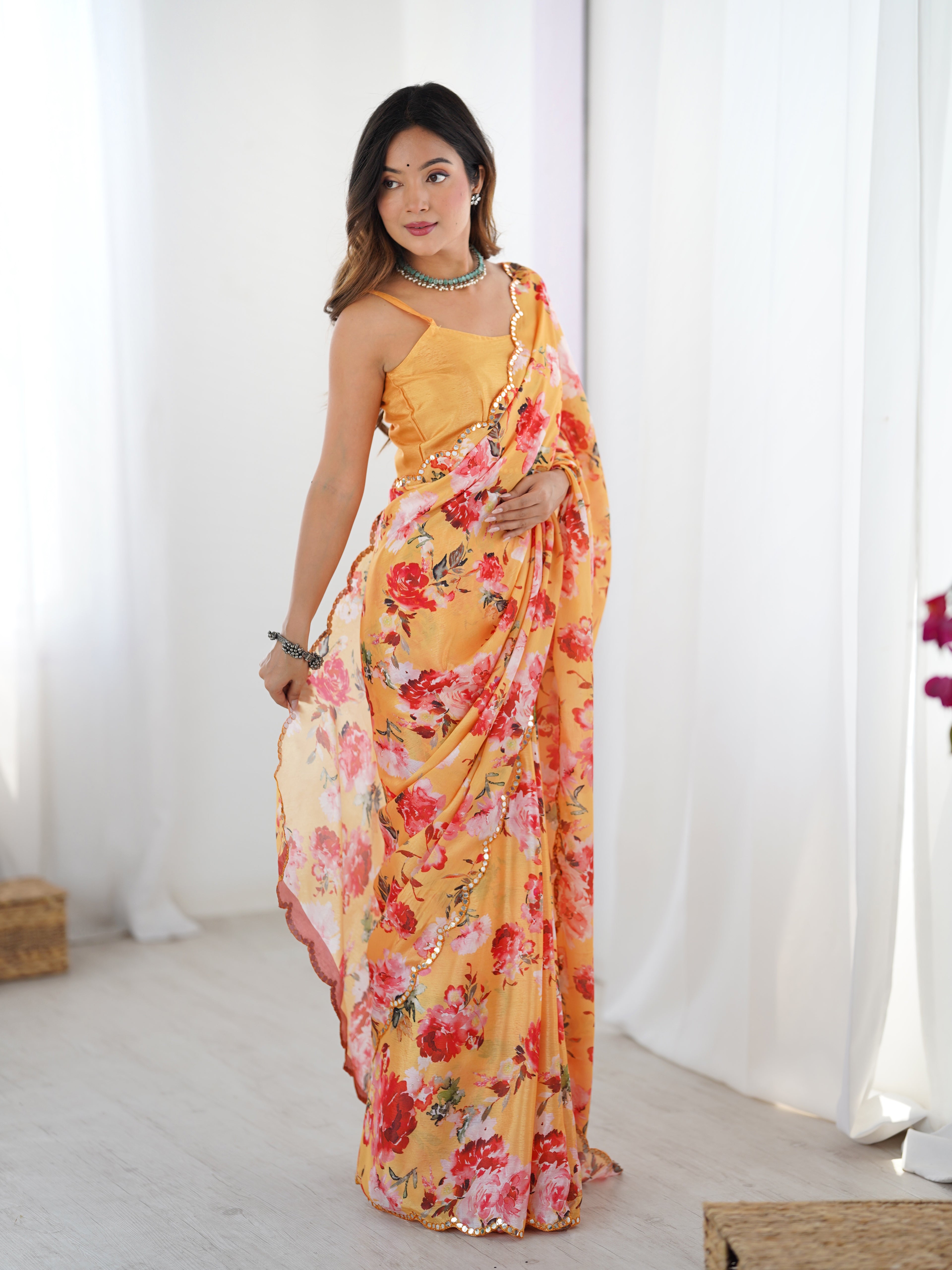 Sunset Orange Chinon Silk Saree | Digital Printed with Mirror Cut Work