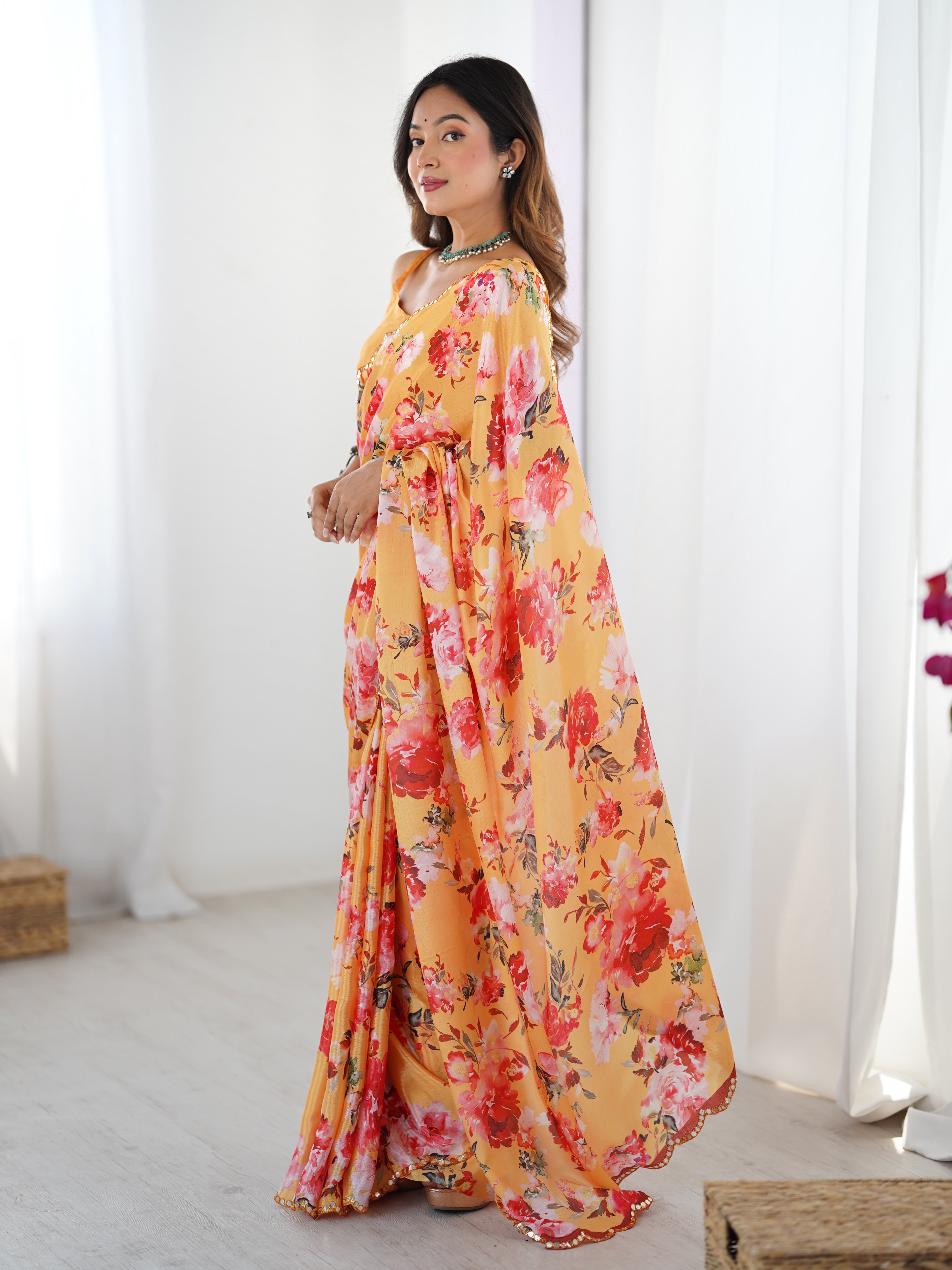 Sunset Orange Chinon Silk Saree | Digital Printed with Mirror Cut Work