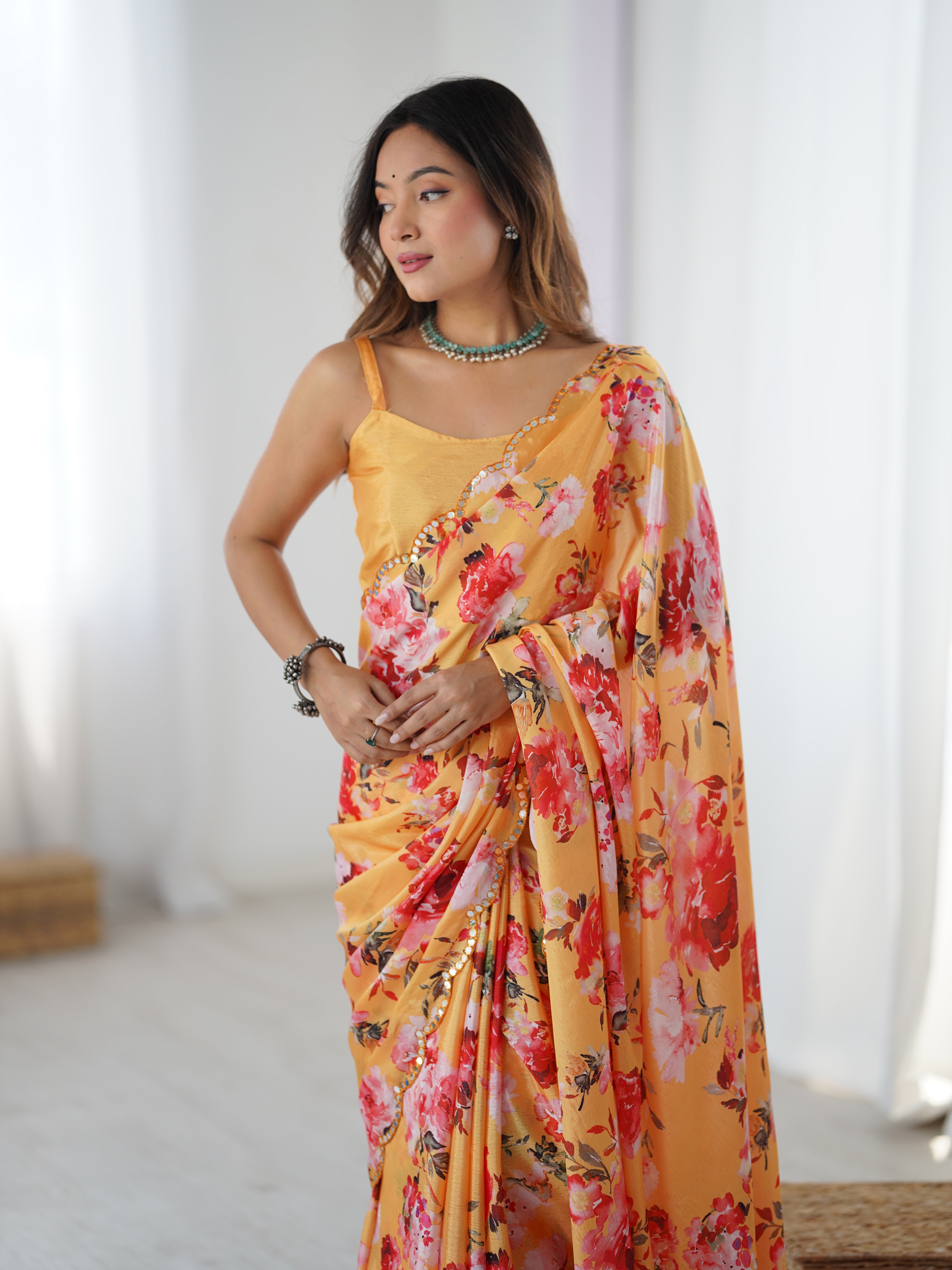 Sunset Orange Chinon Silk Saree | Digital Printed with Mirror Cut Work