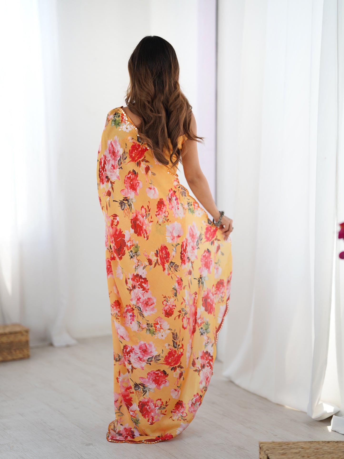 Sunset Orange Chinon Silk Saree | Digital Printed with Mirror Cut Work