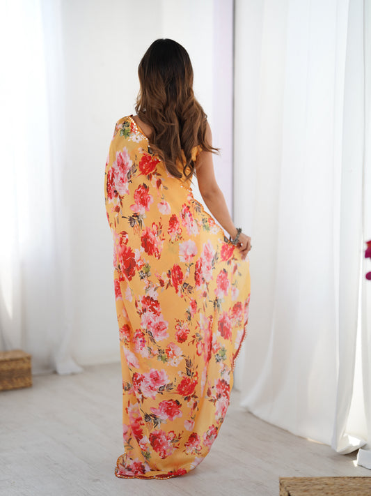 Sunset Orange Chinon Silk Saree | Digital Printed with Mirror Cut Work