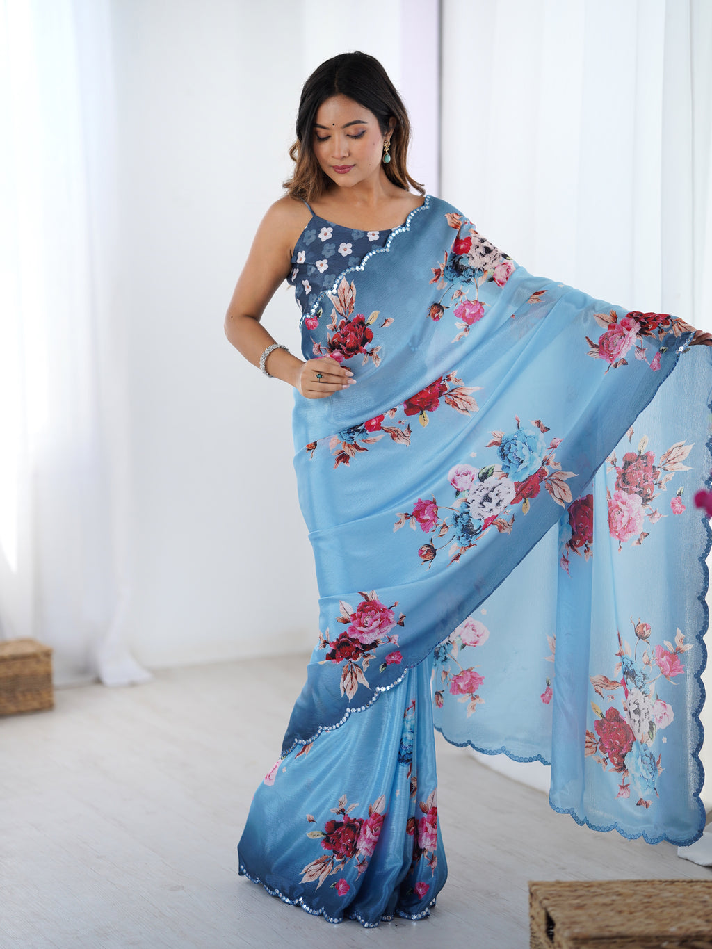 Ocean Blue Chinon Silk Saree | Digital Printed with Mirror Cut Work