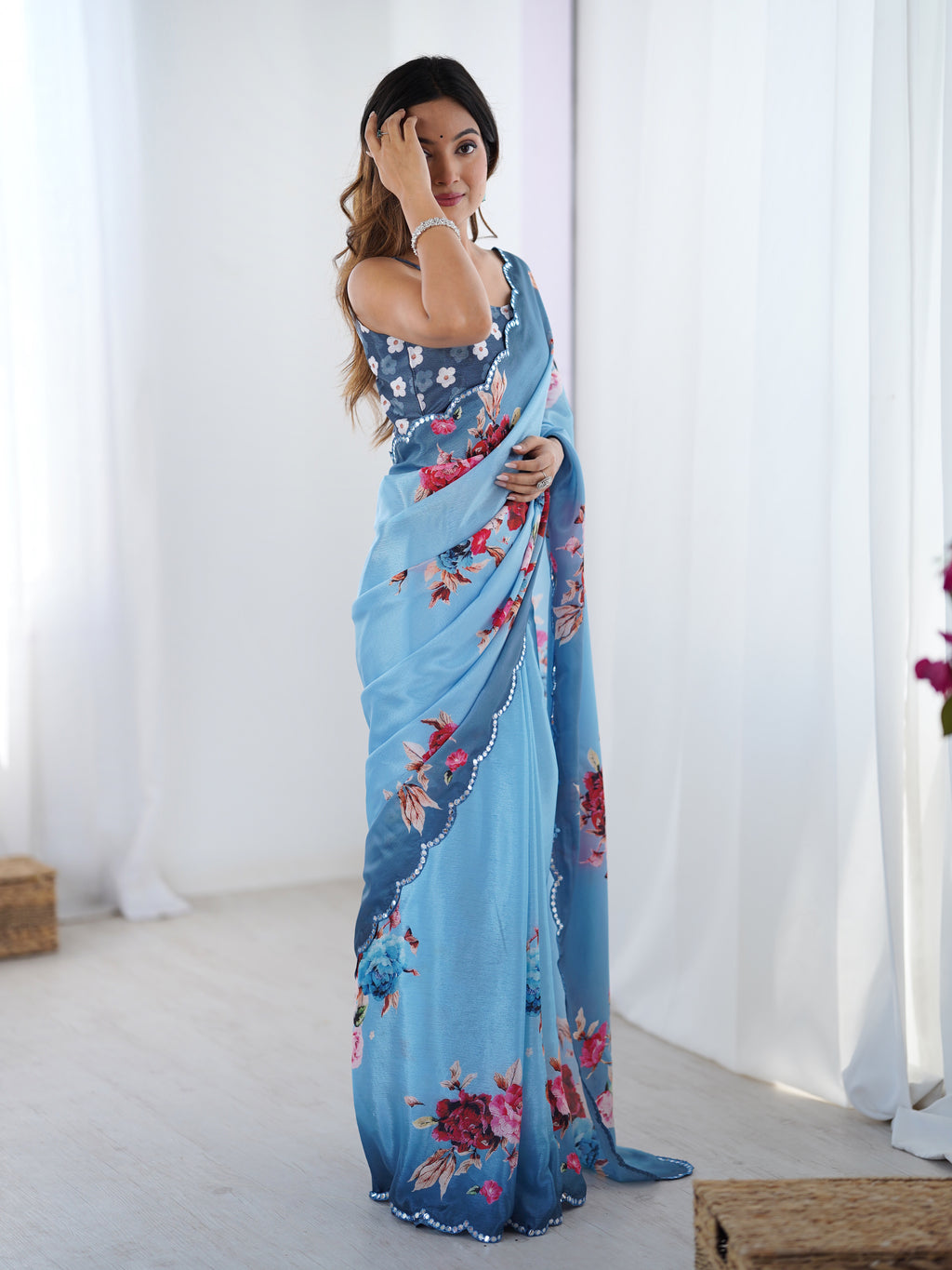 Ocean Blue Chinon Silk Saree | Digital Printed with Mirror Cut Work