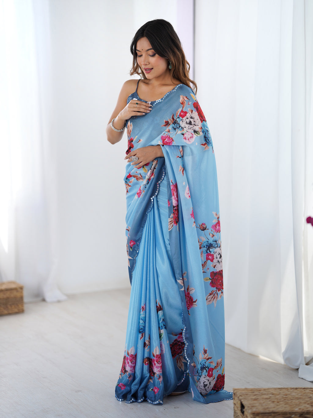 Ocean Blue Chinon Silk Saree | Digital Printed with Mirror Cut Work