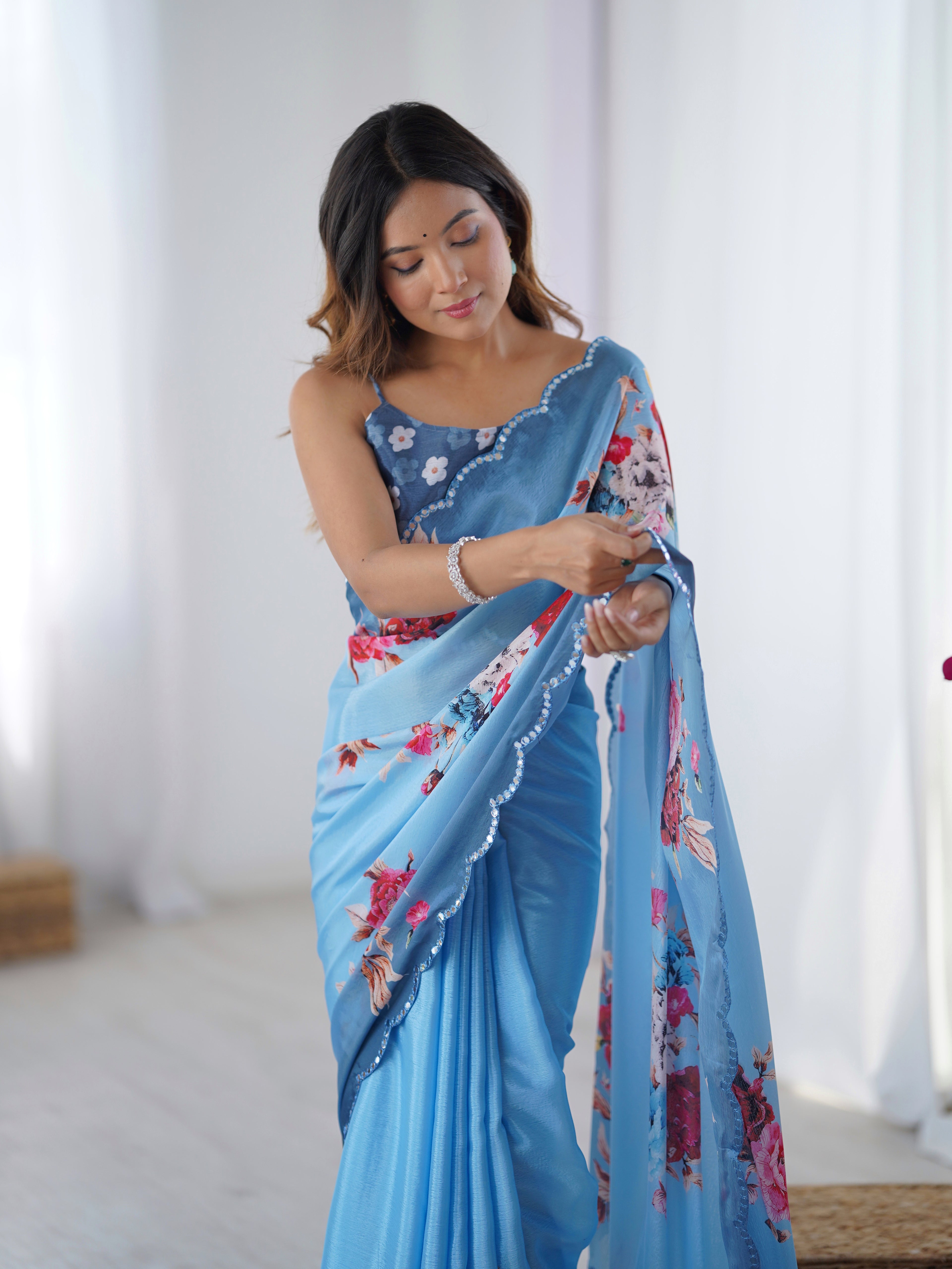 Ocean Blue Chinon Silk Saree | Digital Printed with Mirror Cut Work