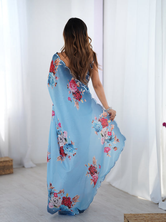 Ocean Blue Chinon Silk Saree | Digital Printed with Mirror Cut Work